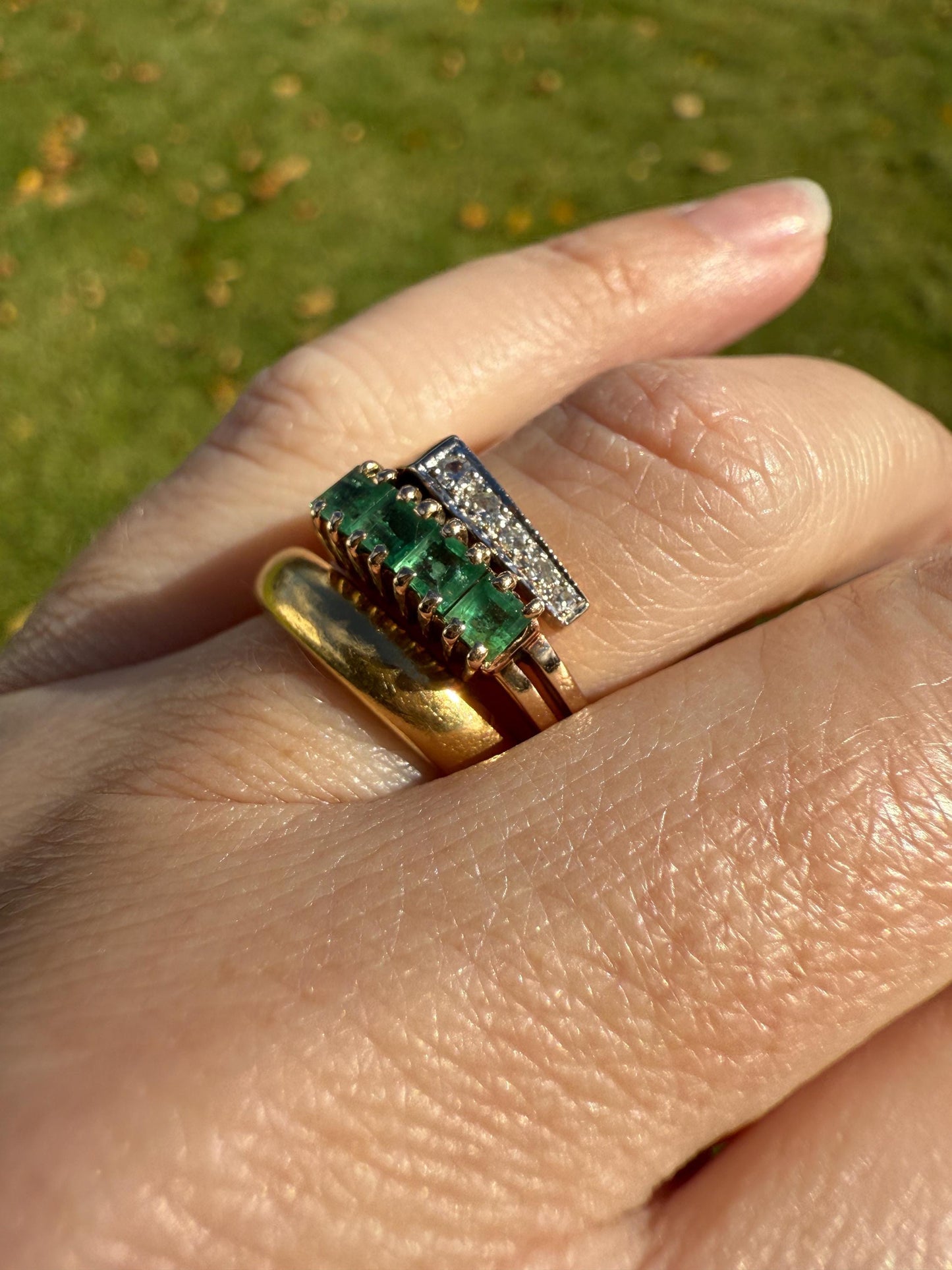 EMERALD & Single Cut DIAMOND Asymmetrical Ring Art Deco Vintage to Antique Natural Green 14k Gold Solid Stacker Band Double Row Angled