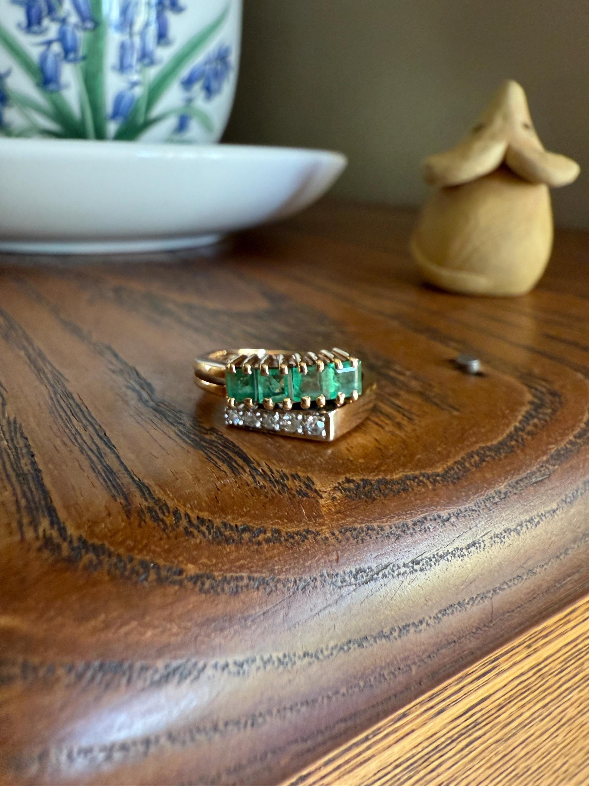 EMERALD & Single Cut DIAMOND Asymmetrical Ring Art Deco Vintage to Antique Natural Green 14k Gold Solid Stacker Band Double Row Angled