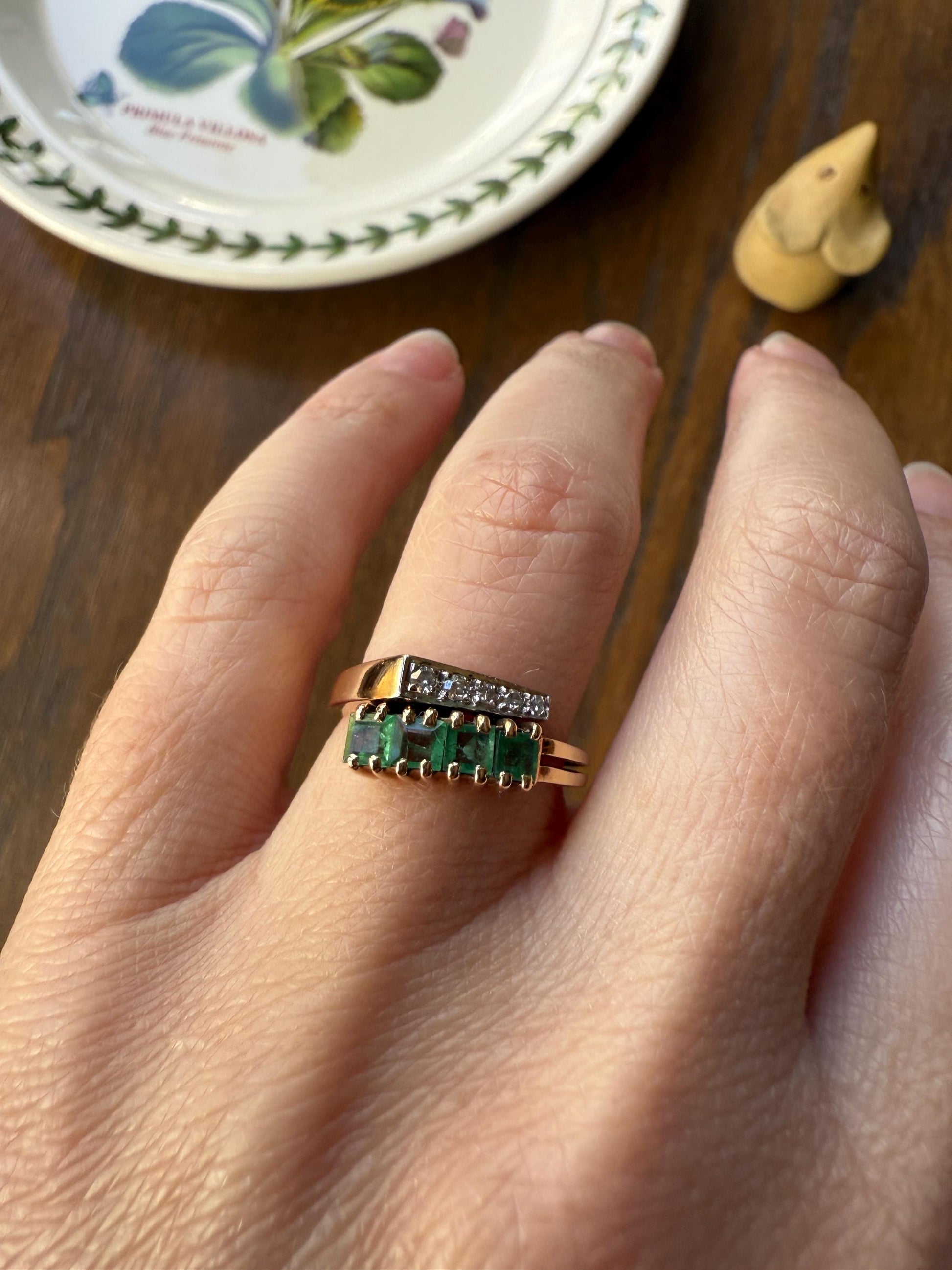 EMERALD & Single Cut DIAMOND Asymmetrical Ring Art Deco Vintage to Antique Natural Green 14k Gold Solid Stacker Band Double Row Angled