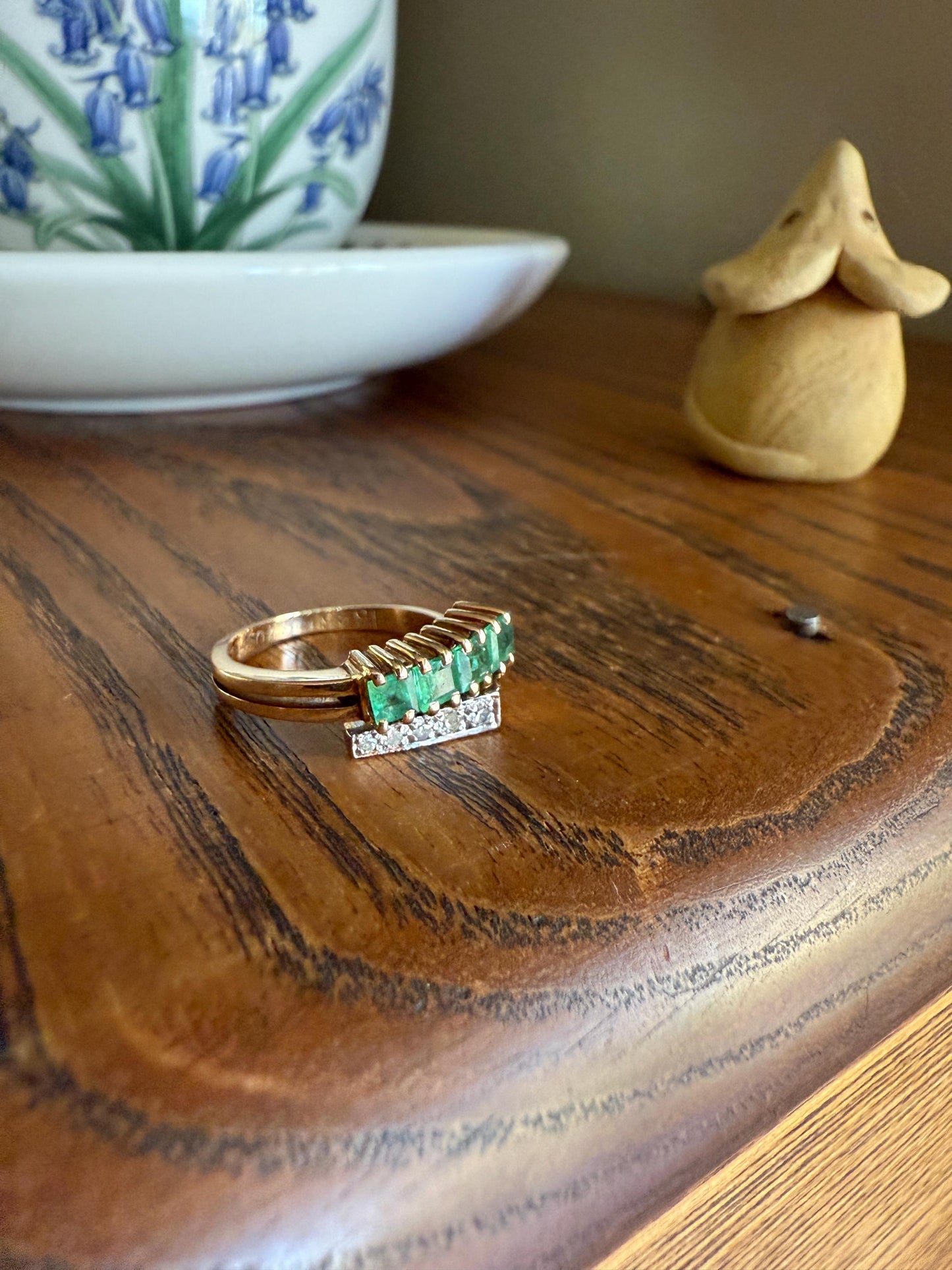 EMERALD & Single Cut DIAMOND Asymmetrical Ring Art Deco Vintage to Antique Natural Green 14k Gold Solid Stacker Band Double Row Angled