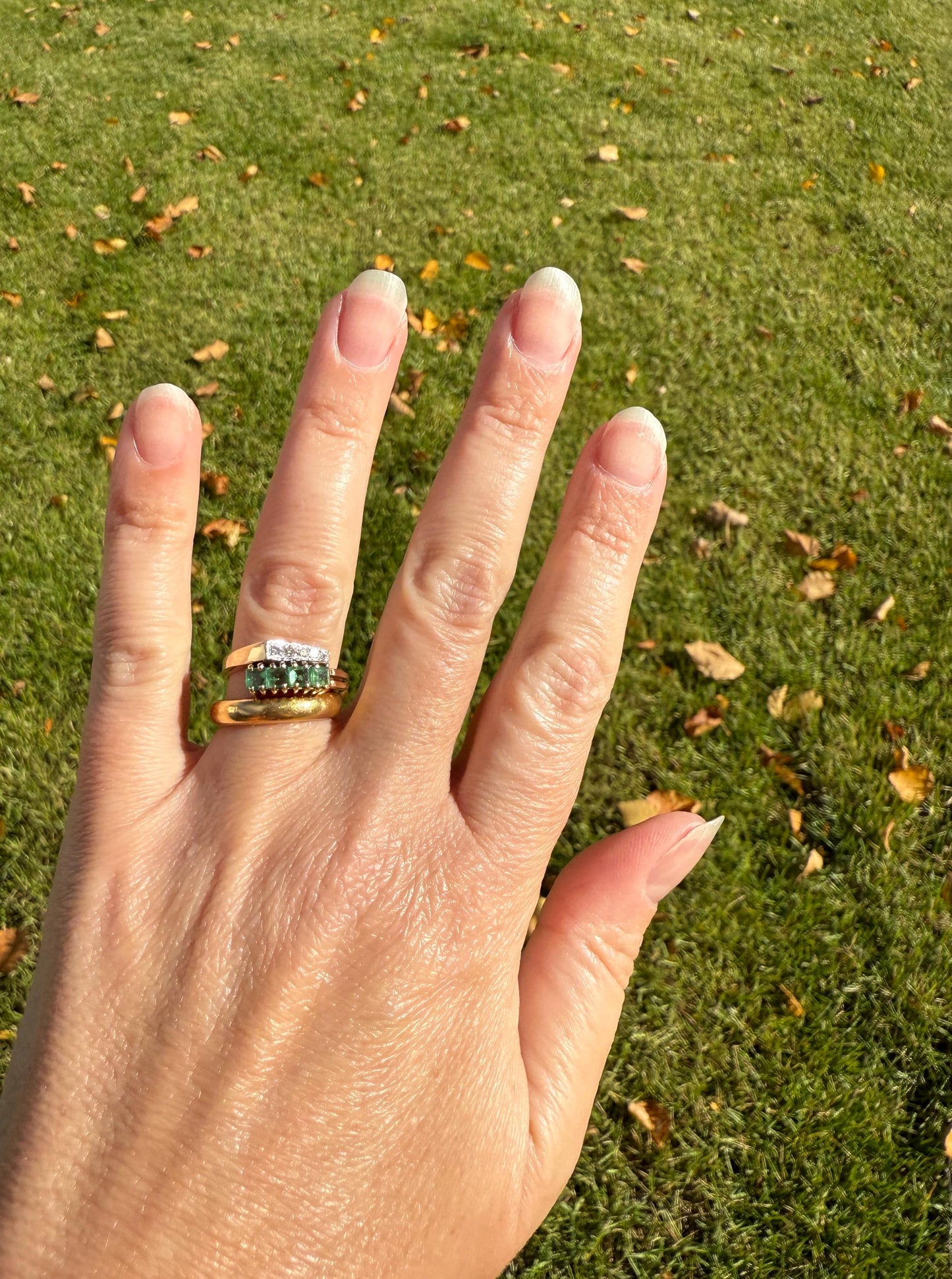 EMERALD & Single Cut DIAMOND Asymmetrical Ring Art Deco Vintage to Antique Natural Green 14k Gold Solid Stacker Band Double Row Angled