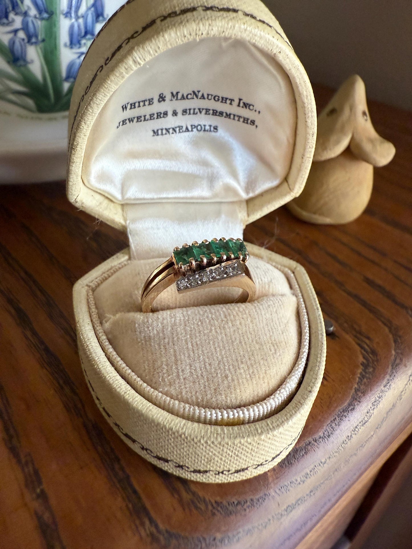 EMERALD & Single Cut DIAMOND Asymmetrical Ring Art Deco Vintage to Antique Natural Green 14k Gold Solid Stacker Band Double Row Angled