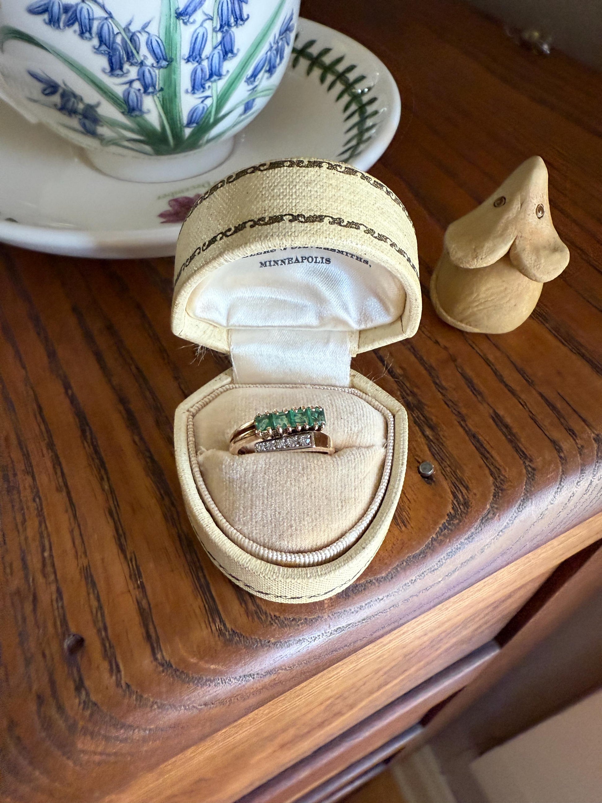 EMERALD & Single Cut DIAMOND Asymmetrical Ring Art Deco Vintage to Antique Natural Green 14k Gold Solid Stacker Band Double Row Angled