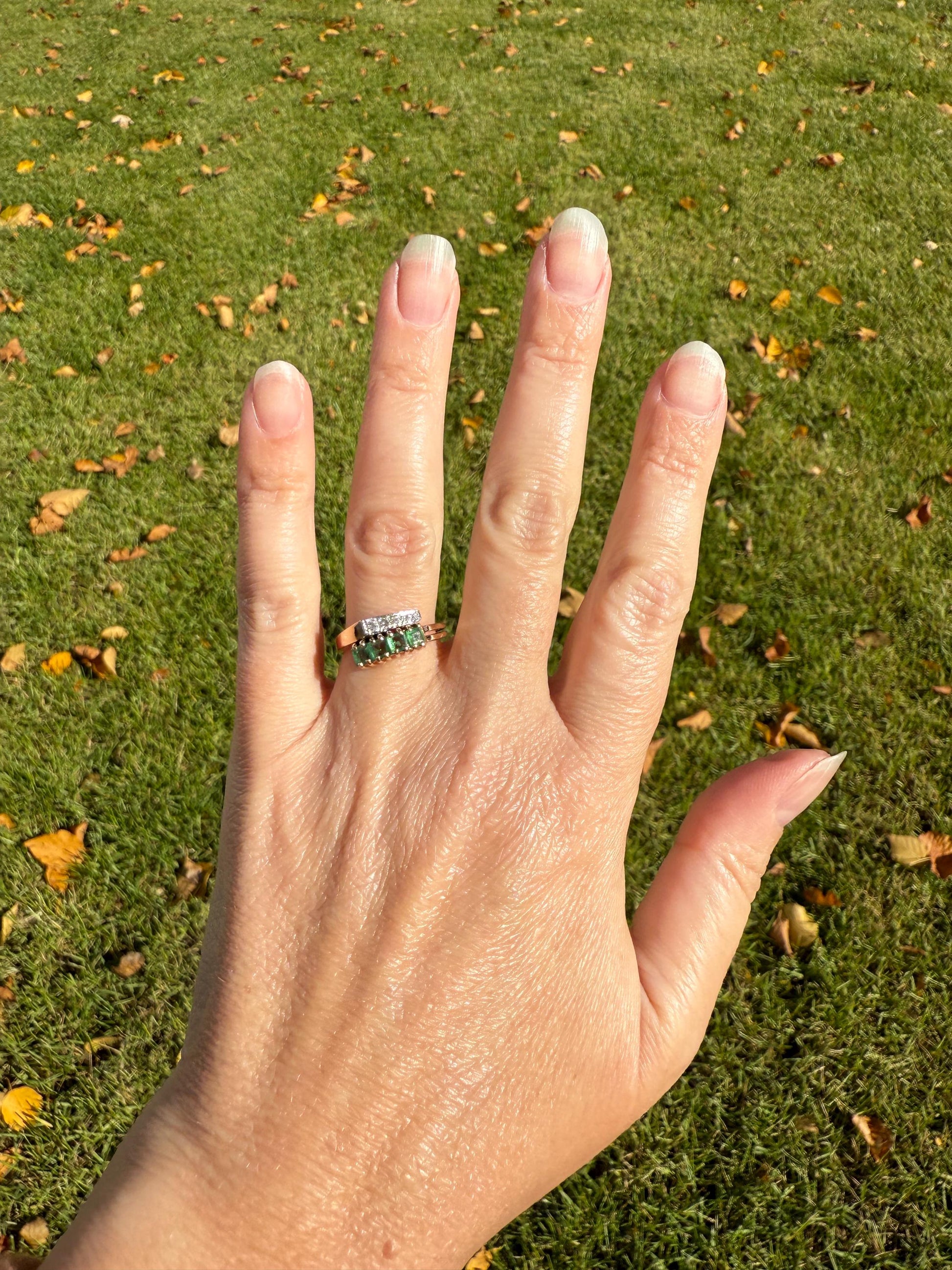 EMERALD & Single Cut DIAMOND Asymmetrical Ring Art Deco Vintage to Antique Natural Green 14k Gold Solid Stacker Band Double Row Angled