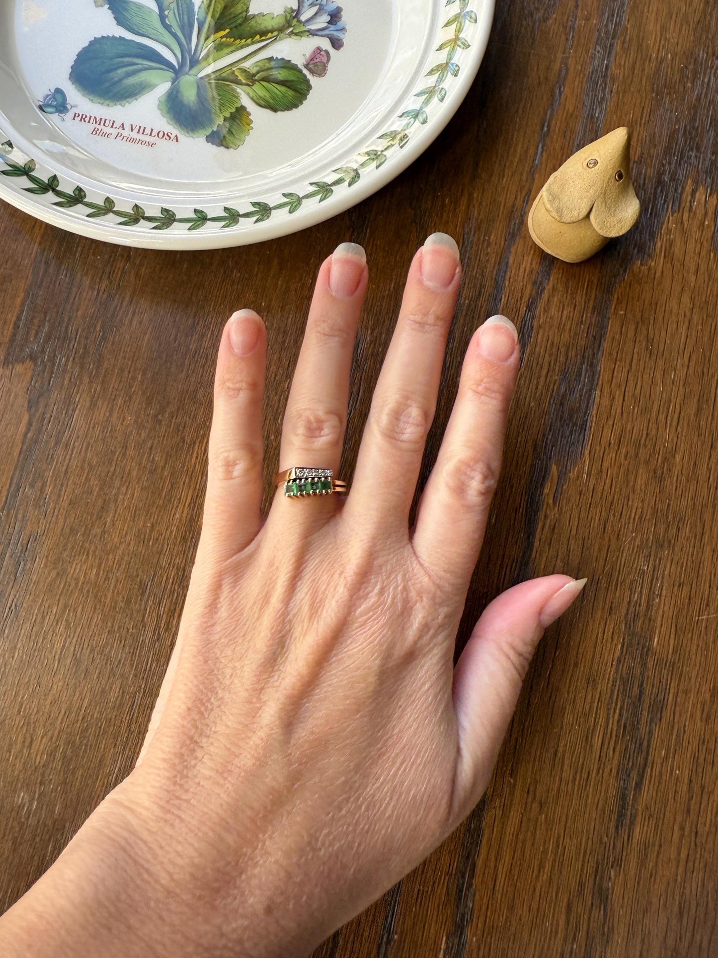 EMERALD & Single Cut DIAMOND Asymmetrical Ring Art Deco Vintage to Antique Natural Green 14k Gold Solid Stacker Band Double Row Angled