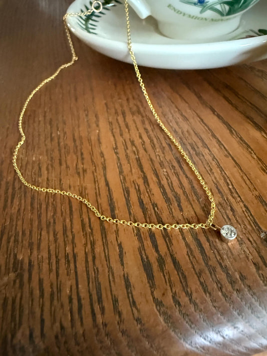 Minimalist 3.5mm Old European Cut Diamond Dainty Antique 14k Gold Pendant on Vintage 9k Gold Chain 2g 16.5" Short Milgrain Bezel Neckstack