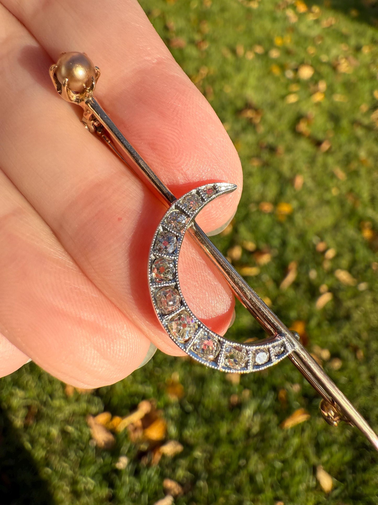 MOON Crescent Brooch .85 Carat + Rose Old Mine DIAMOND 14k Gold Platinum Extender Connector Pendant Pin Charm Holder Figural Celestial Pearl