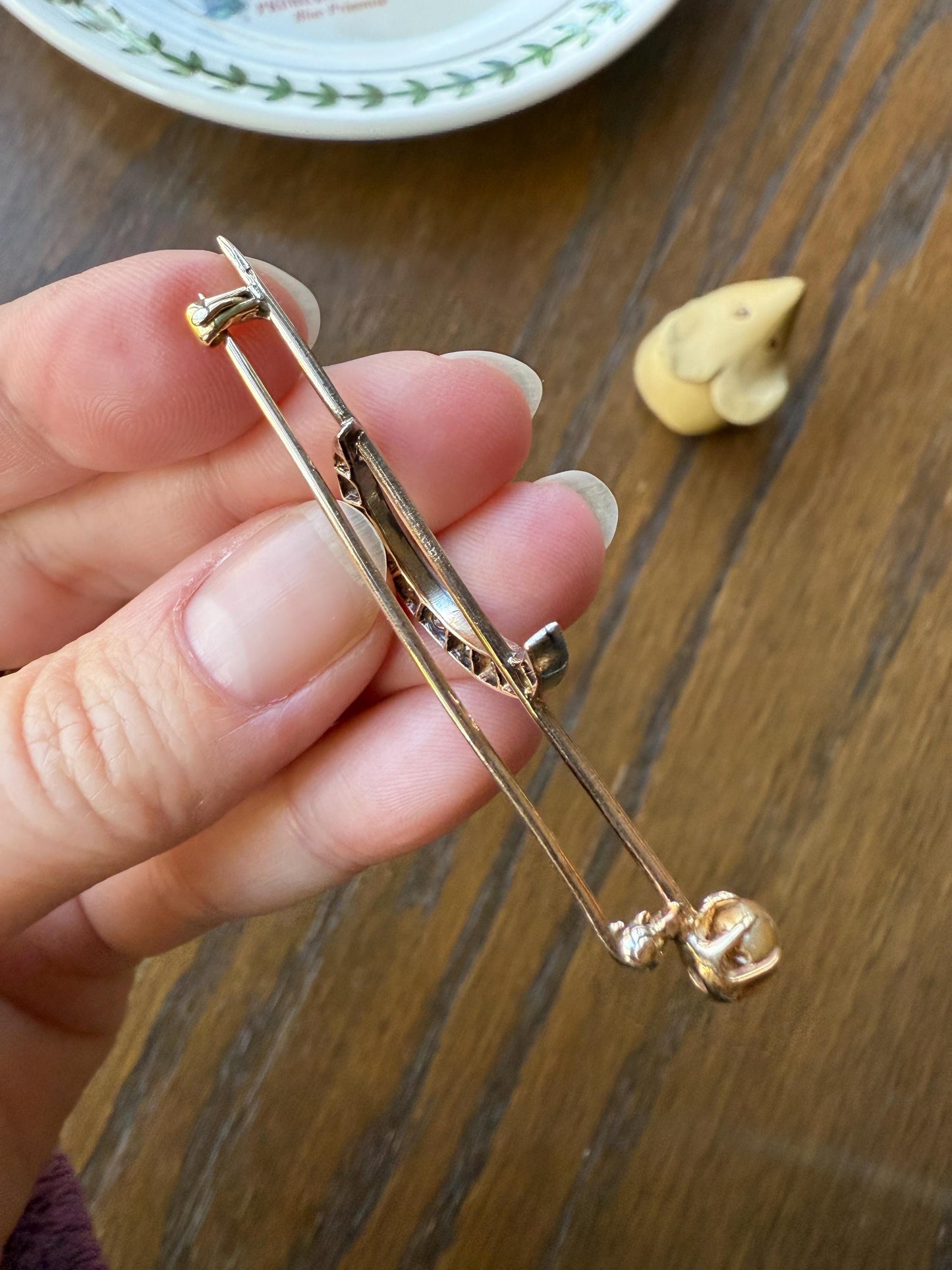 MOON Crescent Brooch .85 Carat + Rose Old Mine DIAMOND 14k Gold Platinum Extender Connector Pendant Pin Charm Holder Figural Celestial Pearl