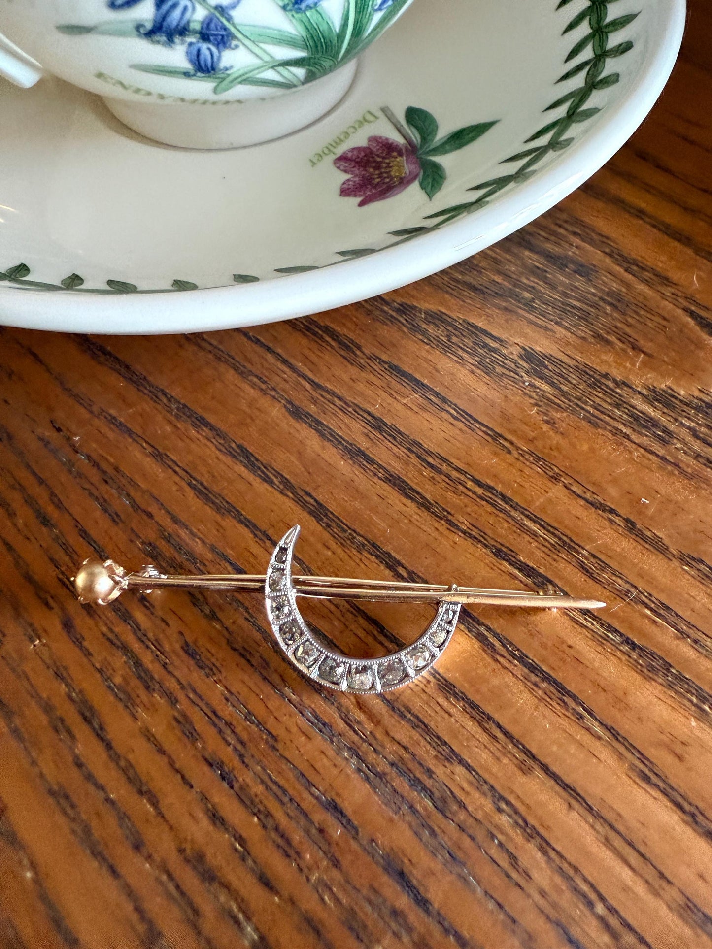 MOON Crescent Brooch .85 Carat + Rose Old Mine DIAMOND 14k Gold Platinum Extender Connector Pendant Pin Charm Holder Figural Celestial Pearl