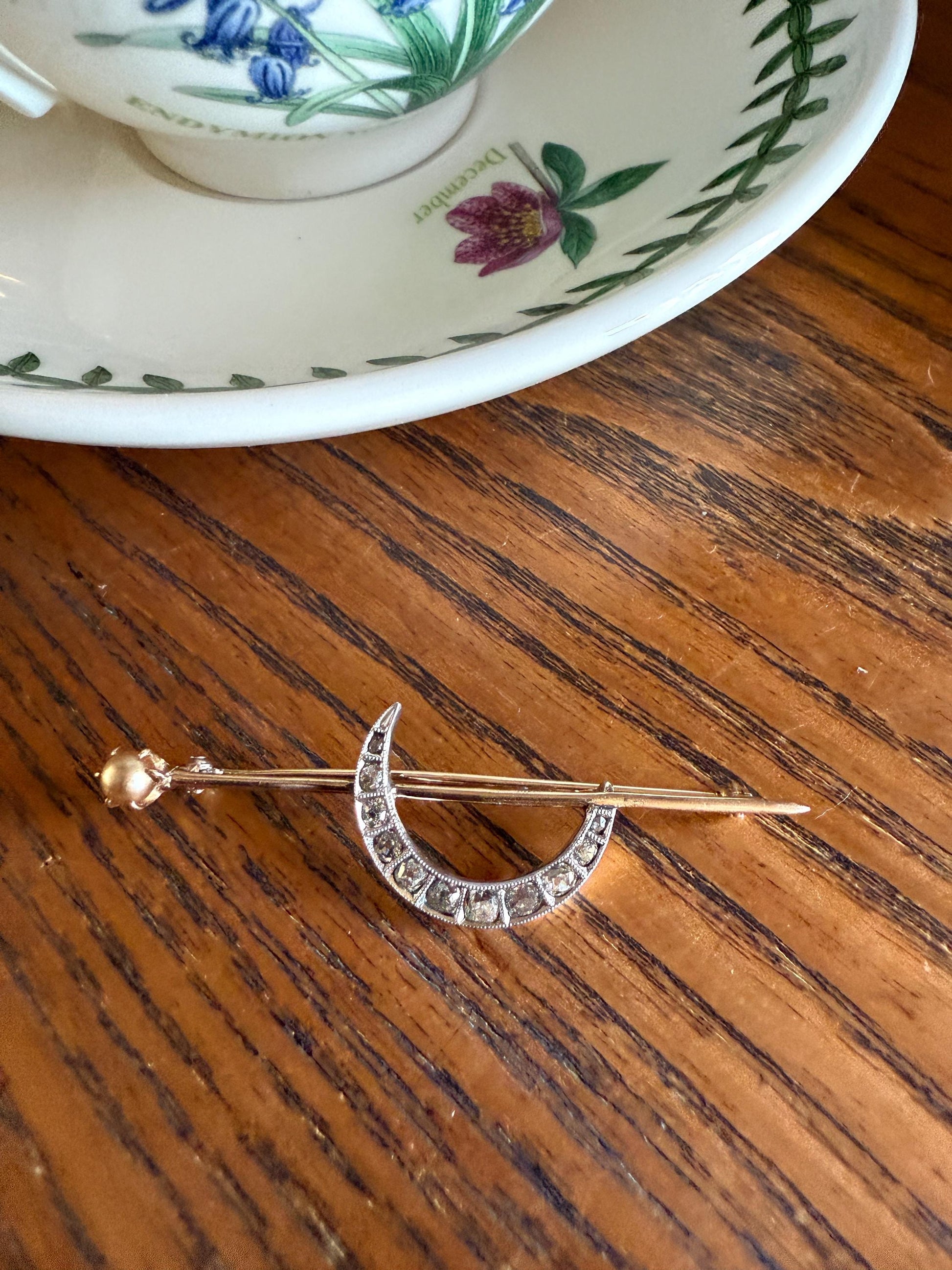 MOON Crescent Brooch .85 Carat + Rose Old Mine DIAMOND 14k Gold Platinum Extender Connector Pendant Pin Charm Holder Figural Celestial Pearl