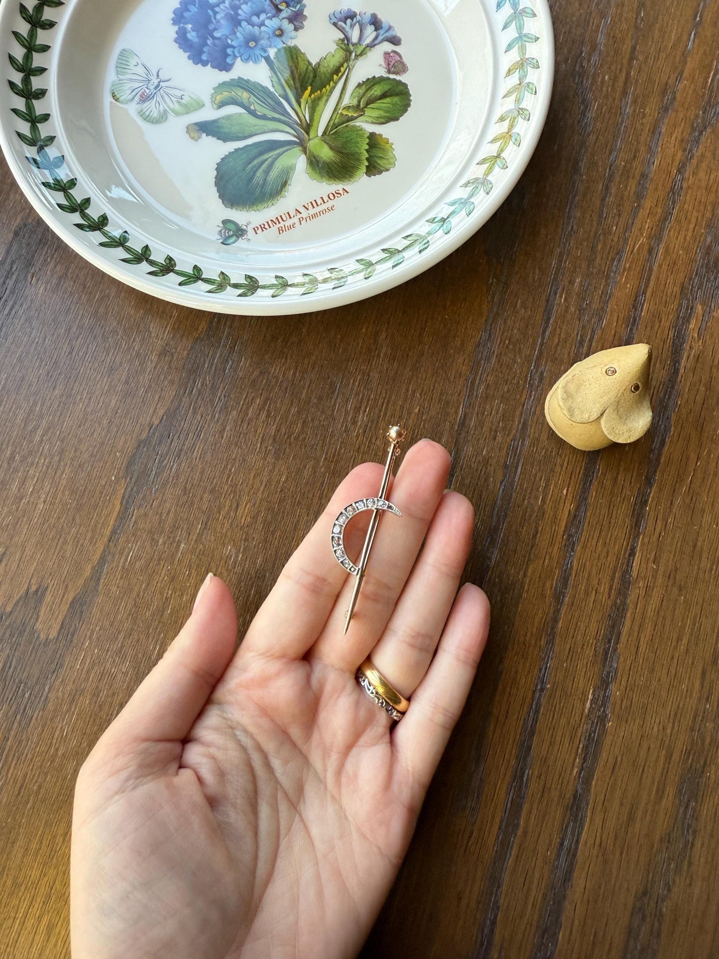 MOON Crescent Brooch .85 Carat + Rose Old Mine DIAMOND 14k Gold Platinum Extender Connector Pendant Pin Charm Holder Figural Celestial Pearl