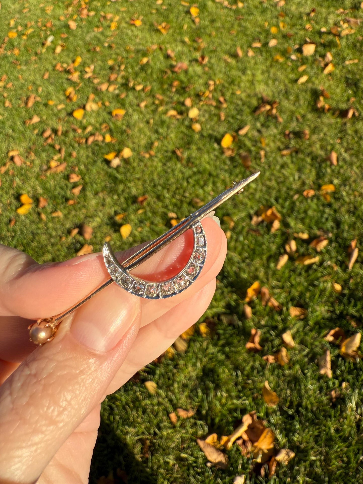 MOON Crescent Brooch .85 Carat + Rose Old Mine DIAMOND 14k Gold Platinum Extender Connector Pendant Pin Charm Holder Figural Celestial Pearl