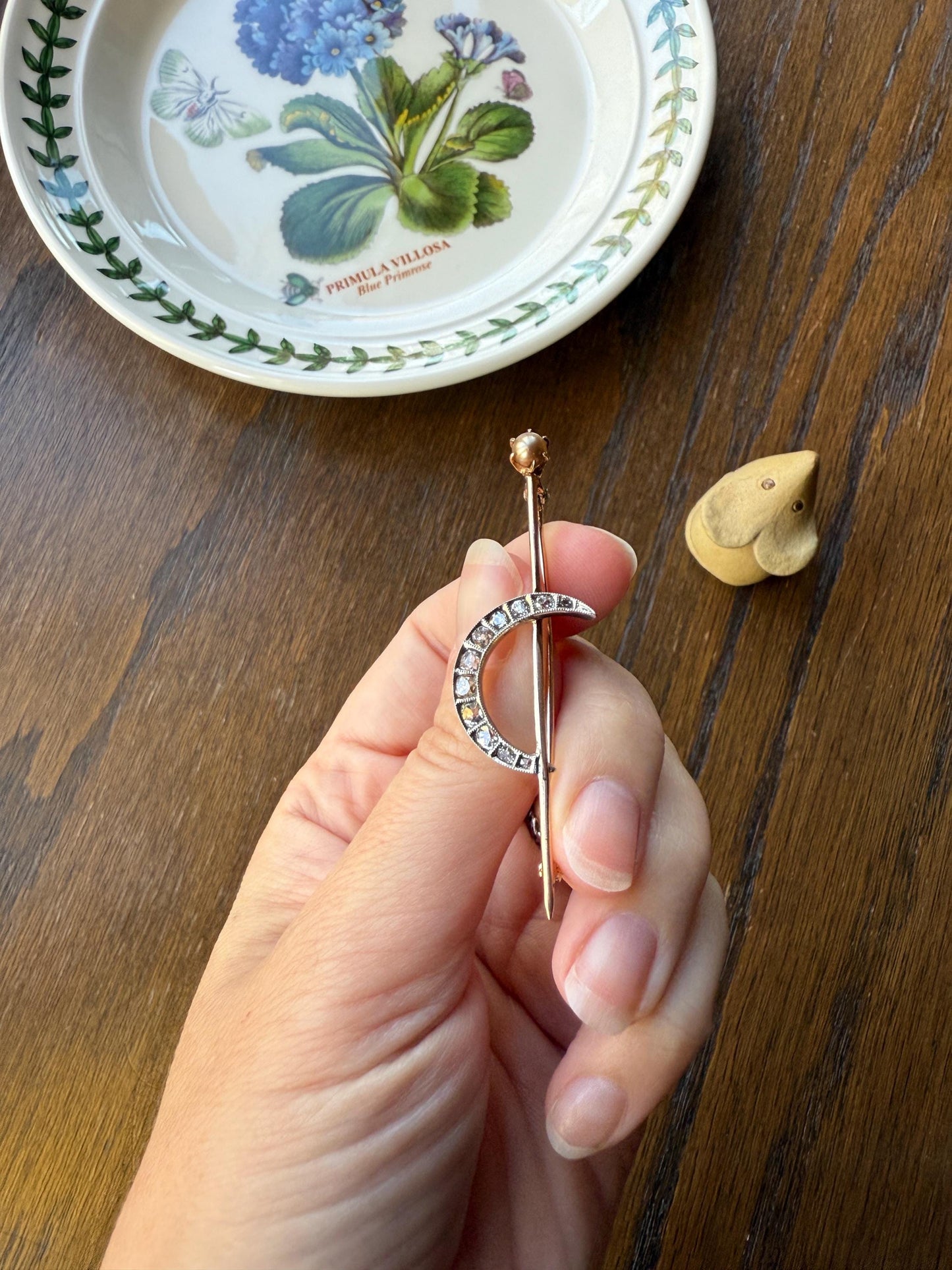 MOON Crescent Brooch .85 Carat + Rose Old Mine DIAMOND 14k Gold Platinum Extender Connector Pendant Pin Charm Holder Figural Celestial Pearl