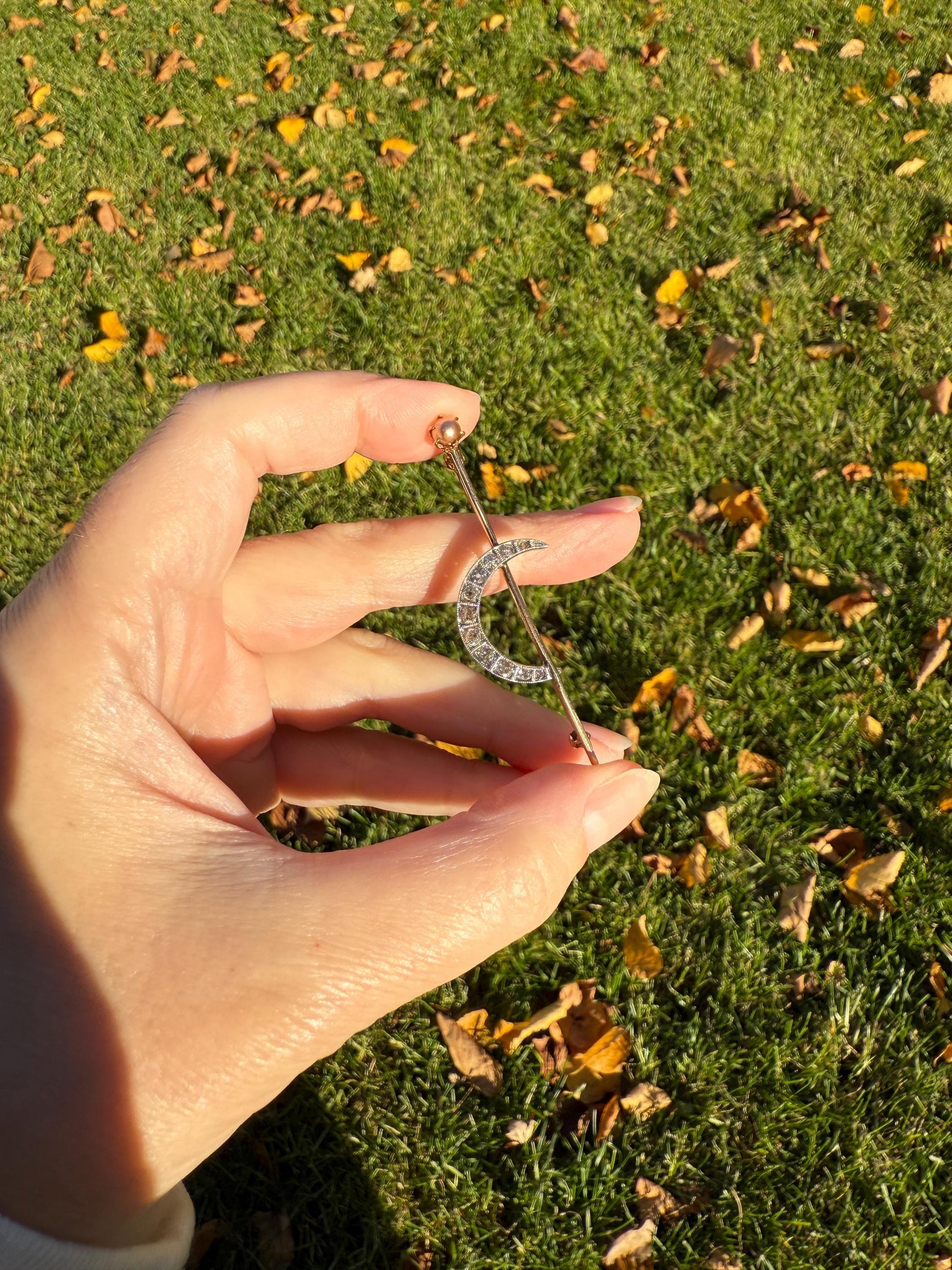 MOON Crescent Brooch .85 Carat + Rose Old Mine DIAMOND 14k Gold Platinum Extender Connector Pendant Pin Charm Holder Figural Celestial Pearl