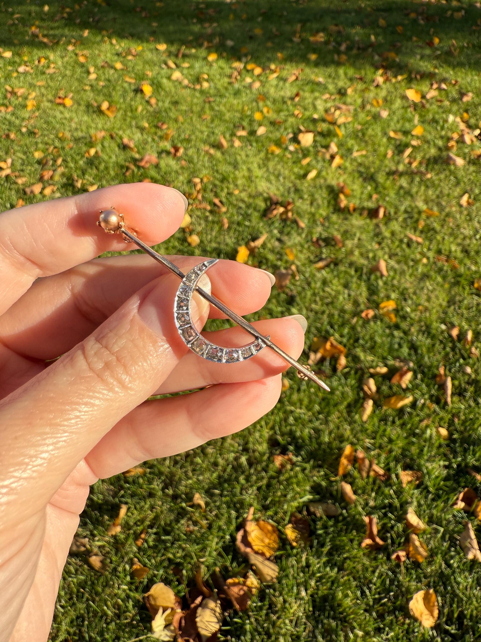 MOON Crescent Brooch .85 Carat + Rose Old Mine DIAMOND 14k Gold Platinum Extender Connector Pendant Pin Charm Holder Figural Celestial Pearl