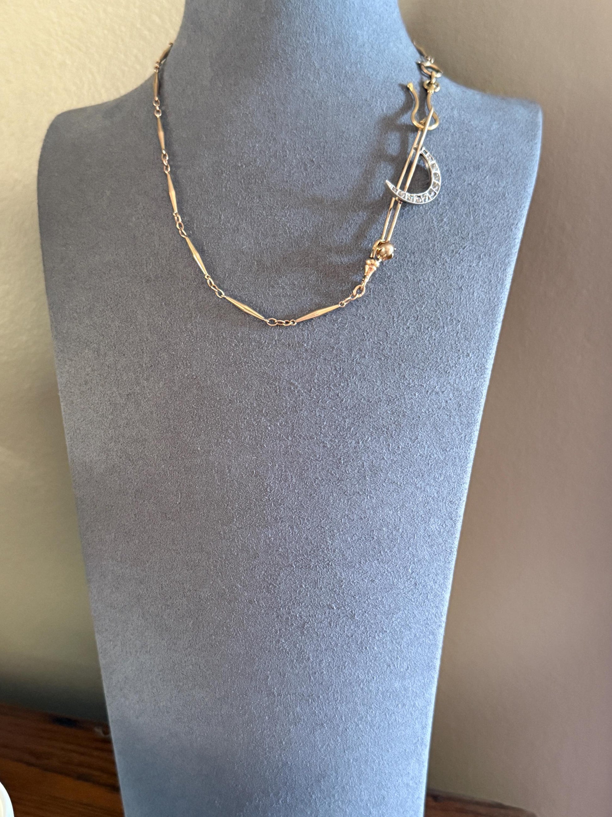 MOON Crescent Brooch .85 Carat + Rose Old Mine DIAMOND 14k Gold Platinum Extender Connector Pendant Pin Charm Holder Figural Celestial Pearl