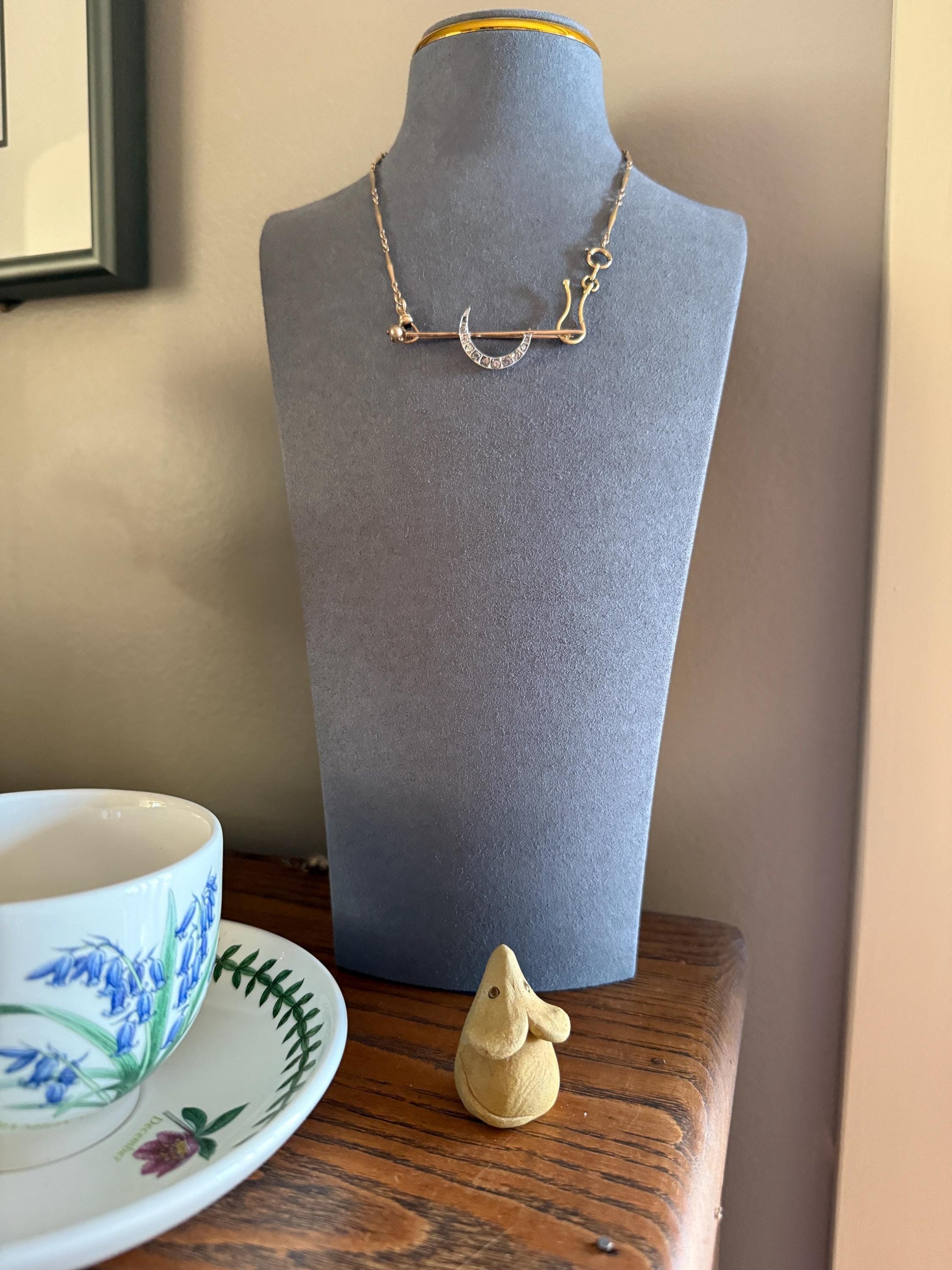 MOON Crescent Brooch .85 Carat + Rose Old Mine DIAMOND 14k Gold Platinum Extender Connector Pendant Pin Charm Holder Figural Celestial Pearl