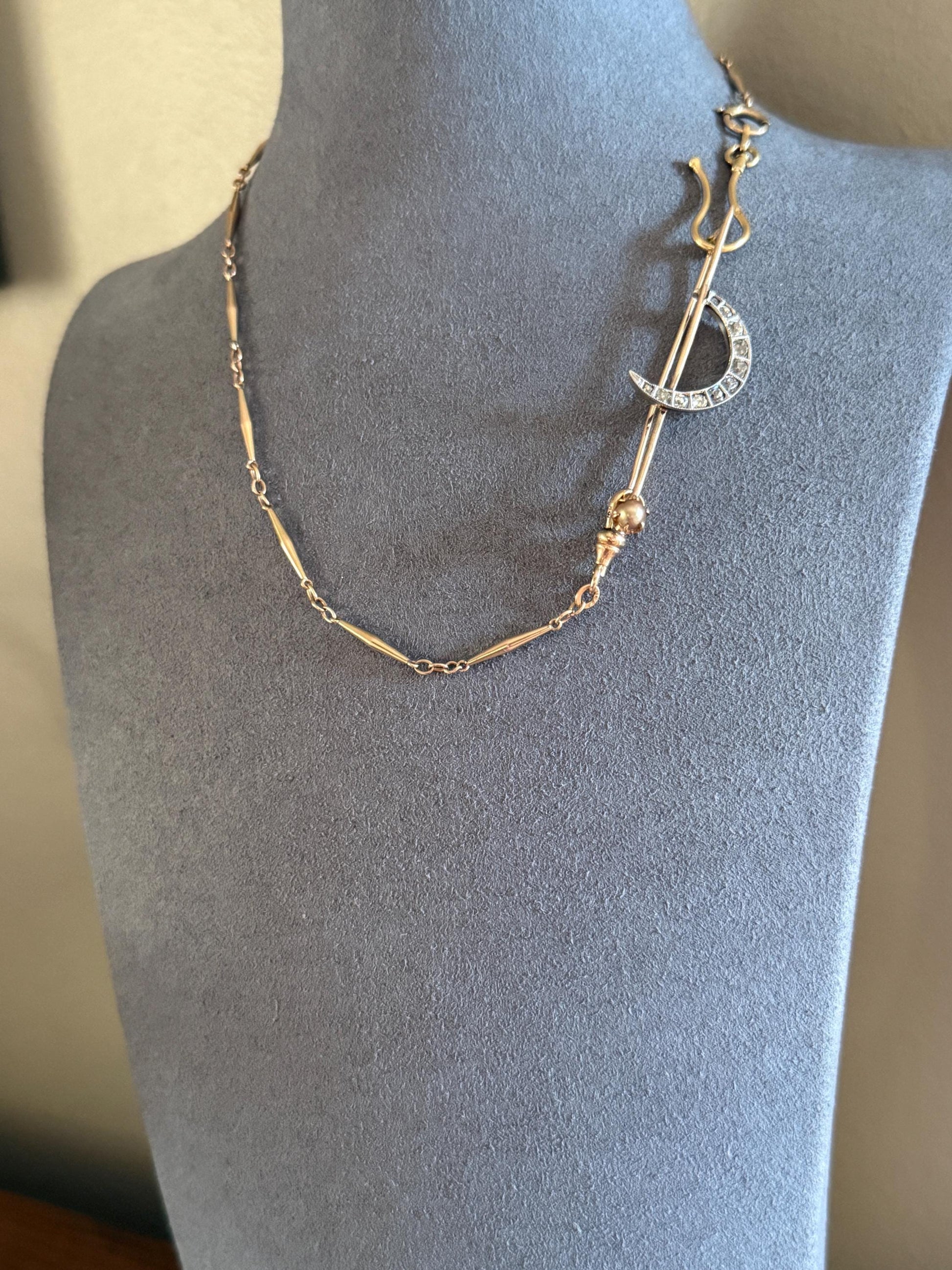 MOON Crescent Brooch .85 Carat + Rose Old Mine DIAMOND 14k Gold Platinum Extender Connector Pendant Pin Charm Holder Figural Celestial Pearl