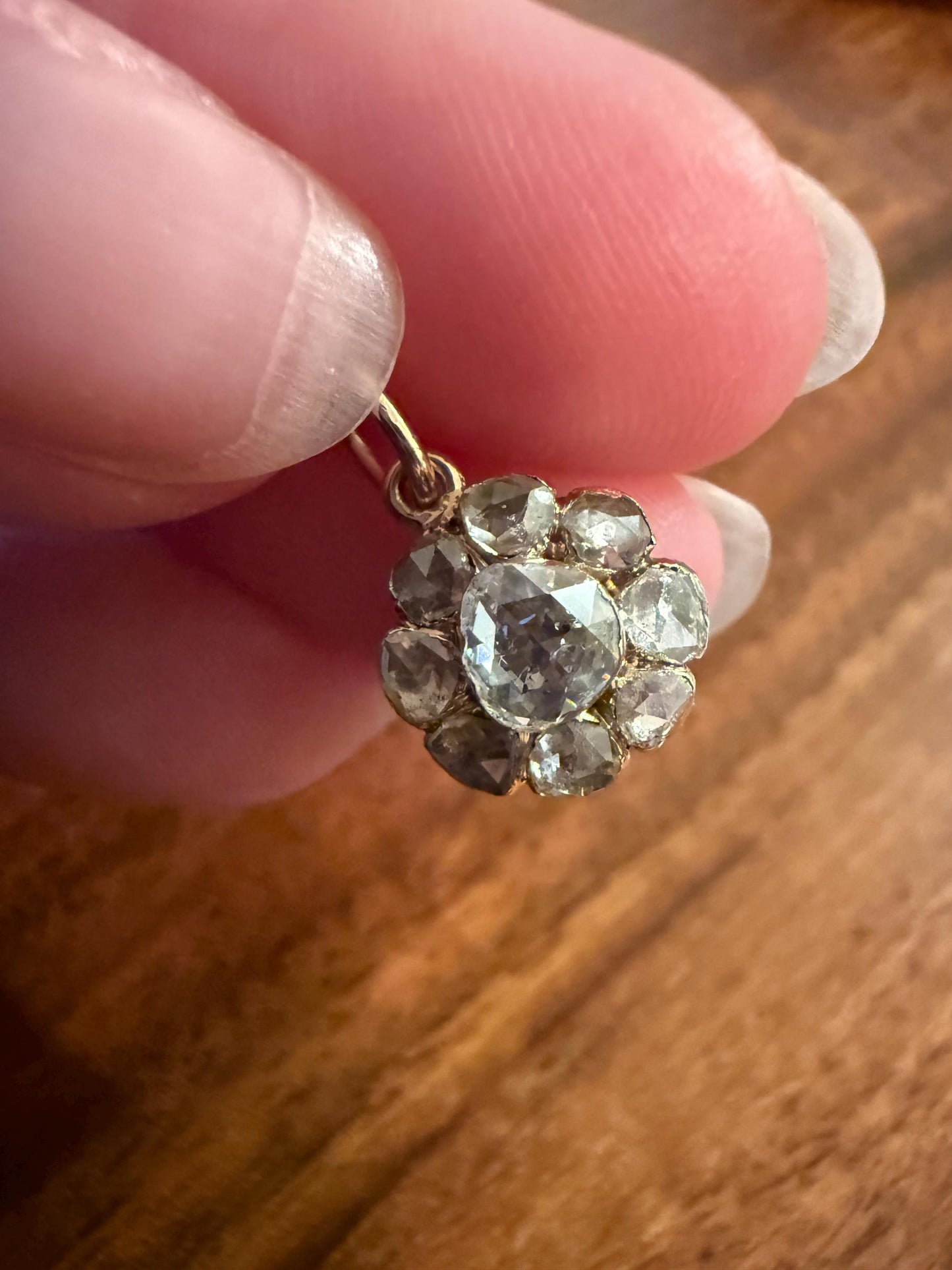 Daisy Cluster Pendant Rose Cut DIAMOND Antique Victorian 18k Gold Pendant Faces Up 1.15 Carat Necklace Bracelet Charm Floral Drop Dangle