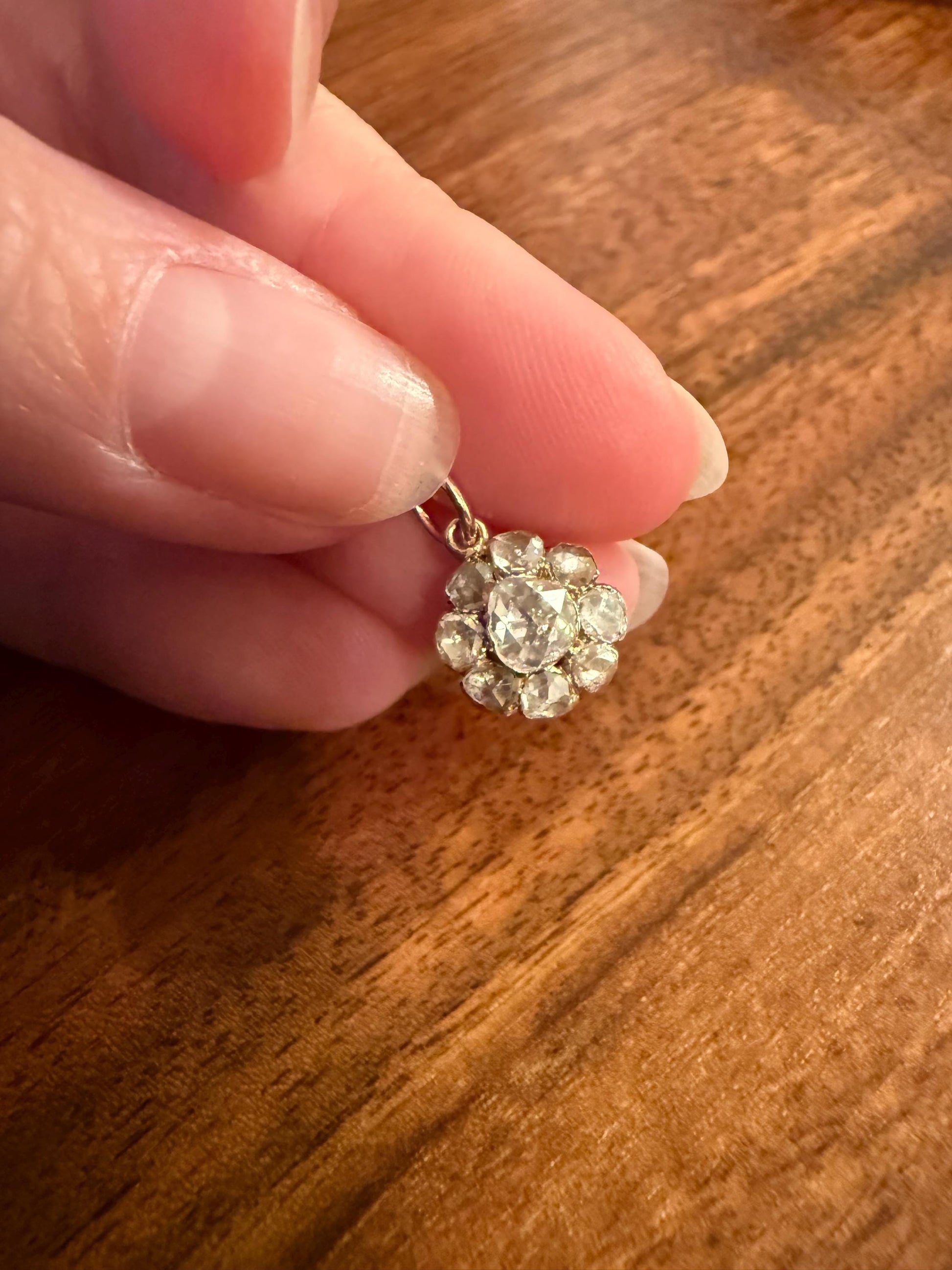 Daisy Cluster Pendant Rose Cut DIAMOND Antique Victorian 18k Gold Pendant Faces Up 1.15 Carat Necklace Bracelet Charm Floral Drop Dangle