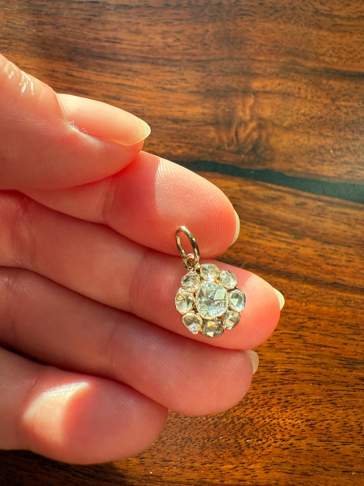 Daisy Cluster Pendant Rose Cut DIAMOND Antique Victorian 18k Gold Pendant Faces Up 1.15 Carat Necklace Bracelet Charm Floral Drop Dangle