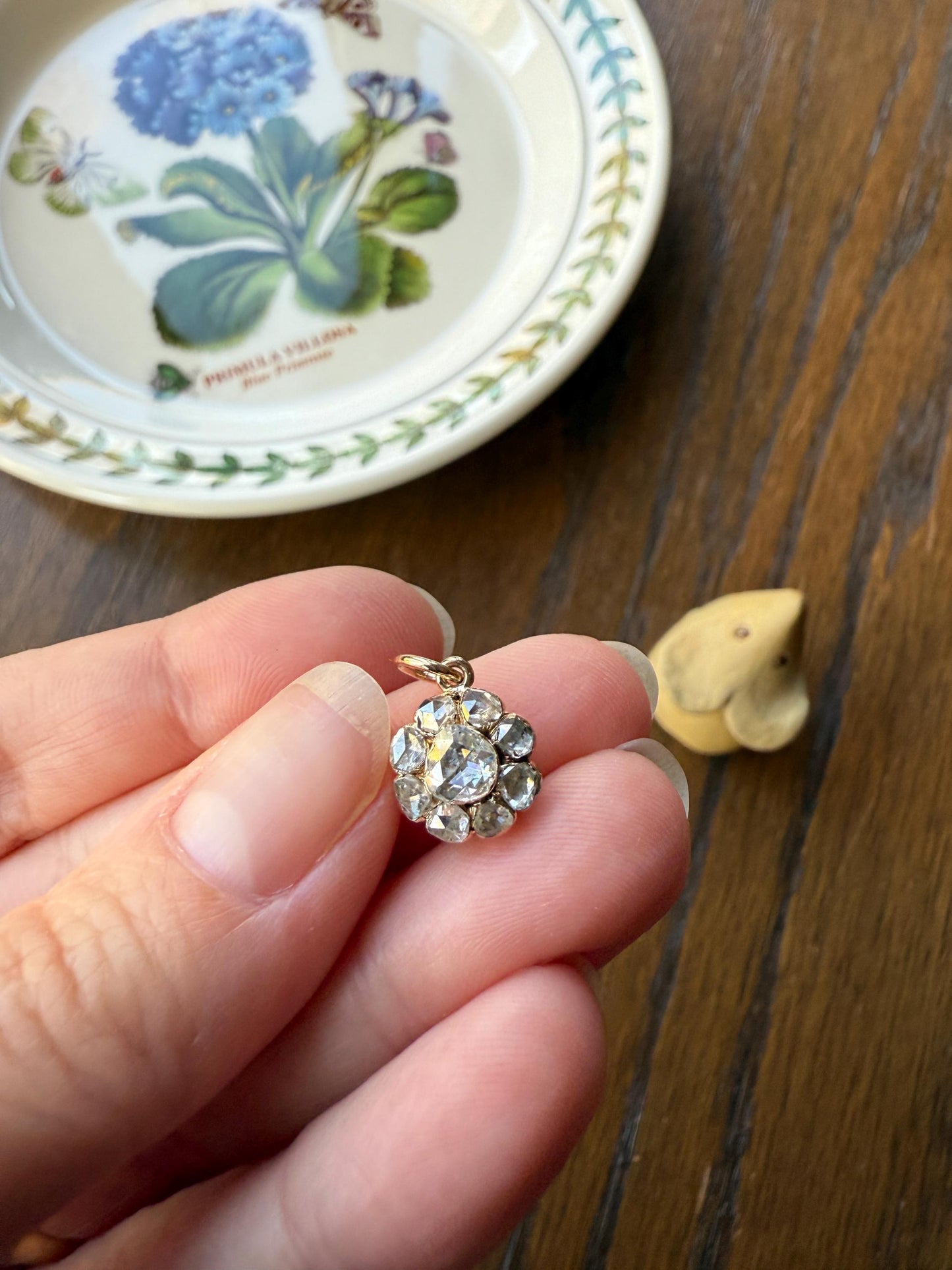 Daisy Cluster Pendant Rose Cut DIAMOND Antique Victorian 18k Gold Pendant Faces Up 1.15 Carat Necklace Bracelet Charm Floral Drop Dangle