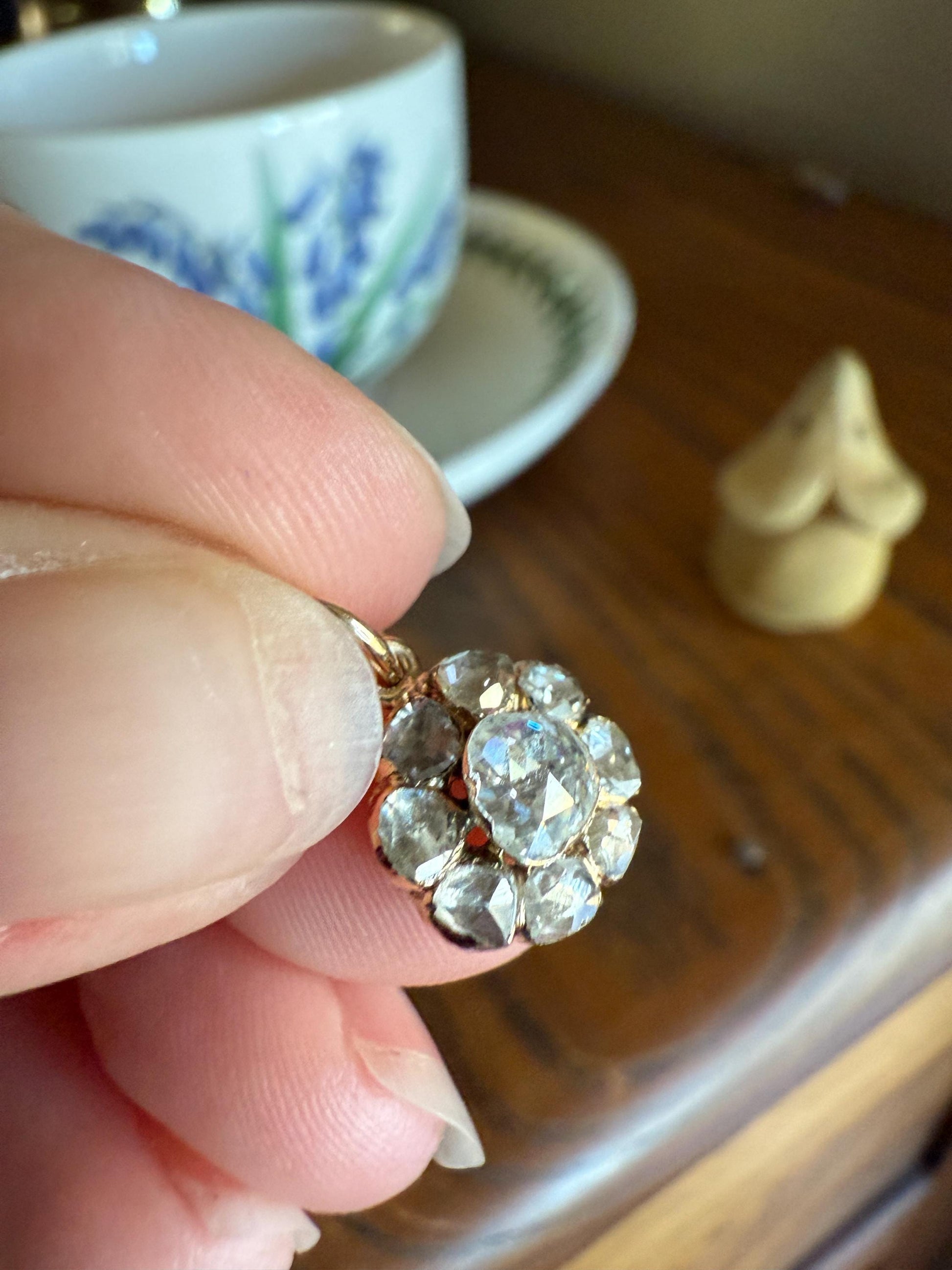 Daisy Cluster Pendant Rose Cut DIAMOND Antique Victorian 18k Gold Pendant Faces Up 1.15 Carat Necklace Bracelet Charm Floral Drop Dangle