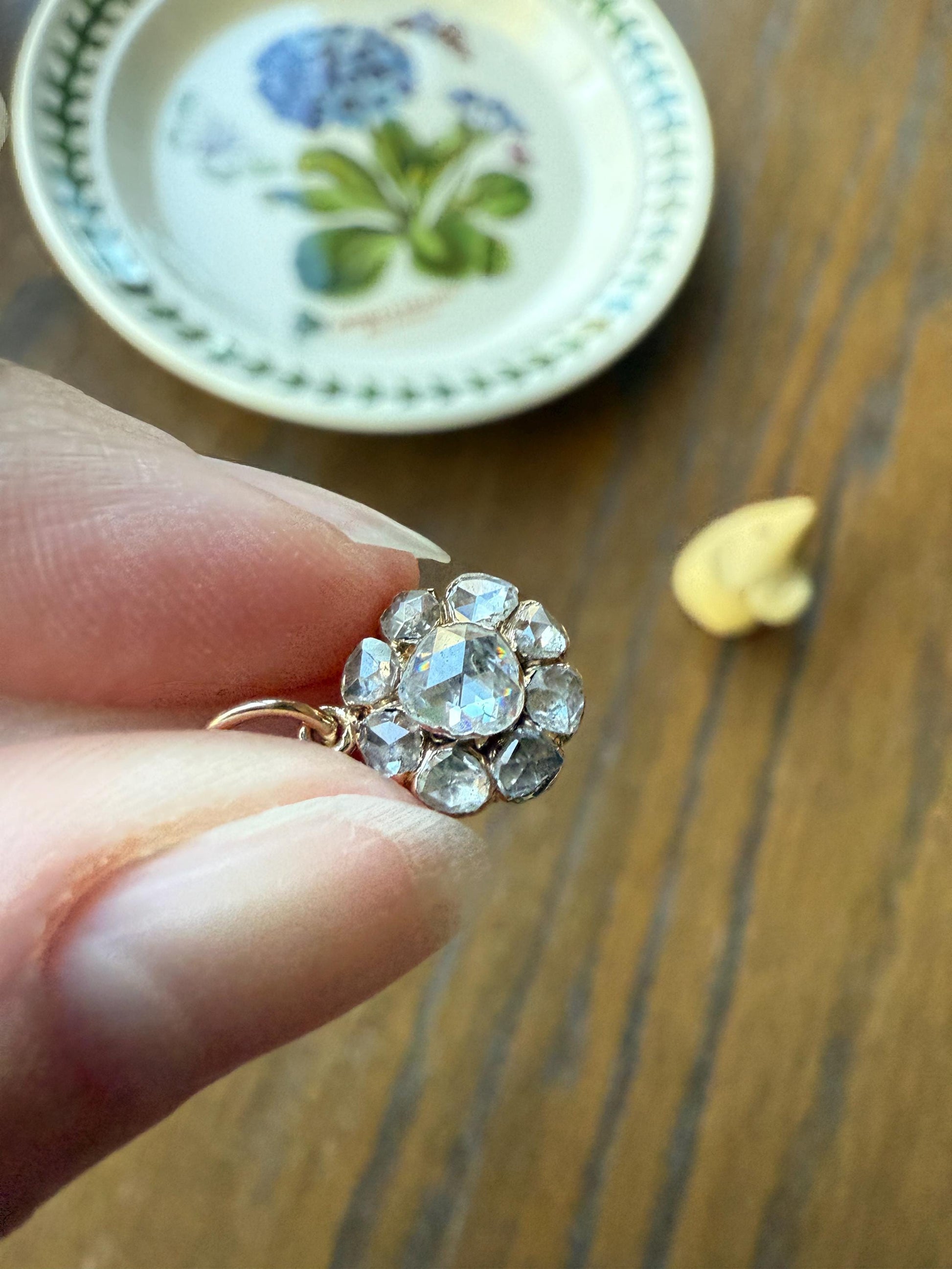 Daisy Cluster Pendant Rose Cut DIAMOND Antique Victorian 18k Gold Pendant Faces Up 1.15 Carat Necklace Bracelet Charm Floral Drop Dangle