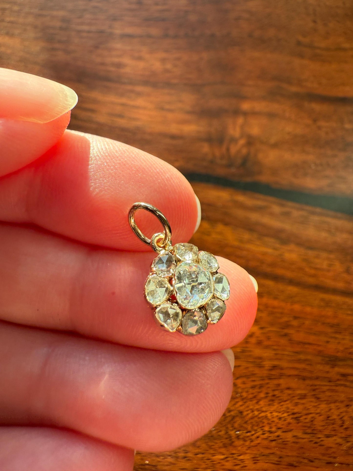 Daisy Cluster Pendant Rose Cut DIAMOND Antique Victorian 18k Gold Pendant Faces Up 1.15 Carat Necklace Bracelet Charm Floral Drop Dangle