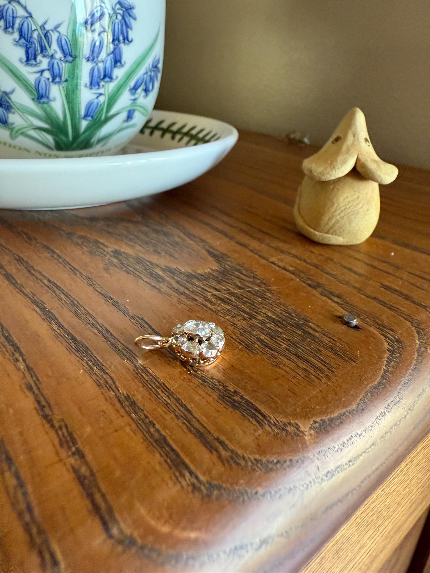 Daisy Cluster Pendant Rose Cut DIAMOND Antique Victorian 18k Gold Pendant Faces Up 1.15 Carat Necklace Bracelet Charm Floral Drop Dangle