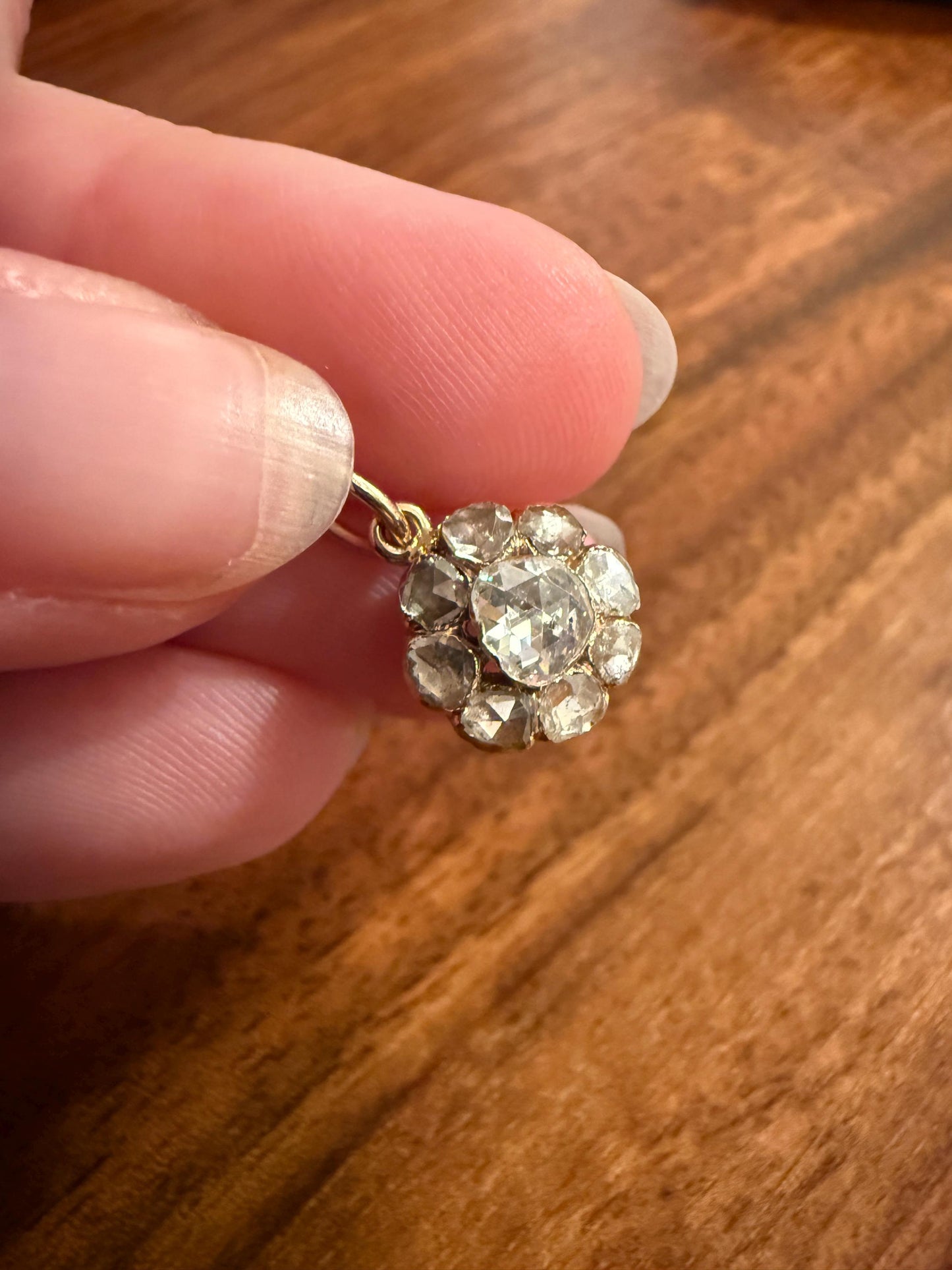 Daisy Cluster Pendant Rose Cut DIAMOND Antique Victorian 18k Gold Pendant Faces Up 1.15 Carat Necklace Bracelet Charm Floral Drop Dangle