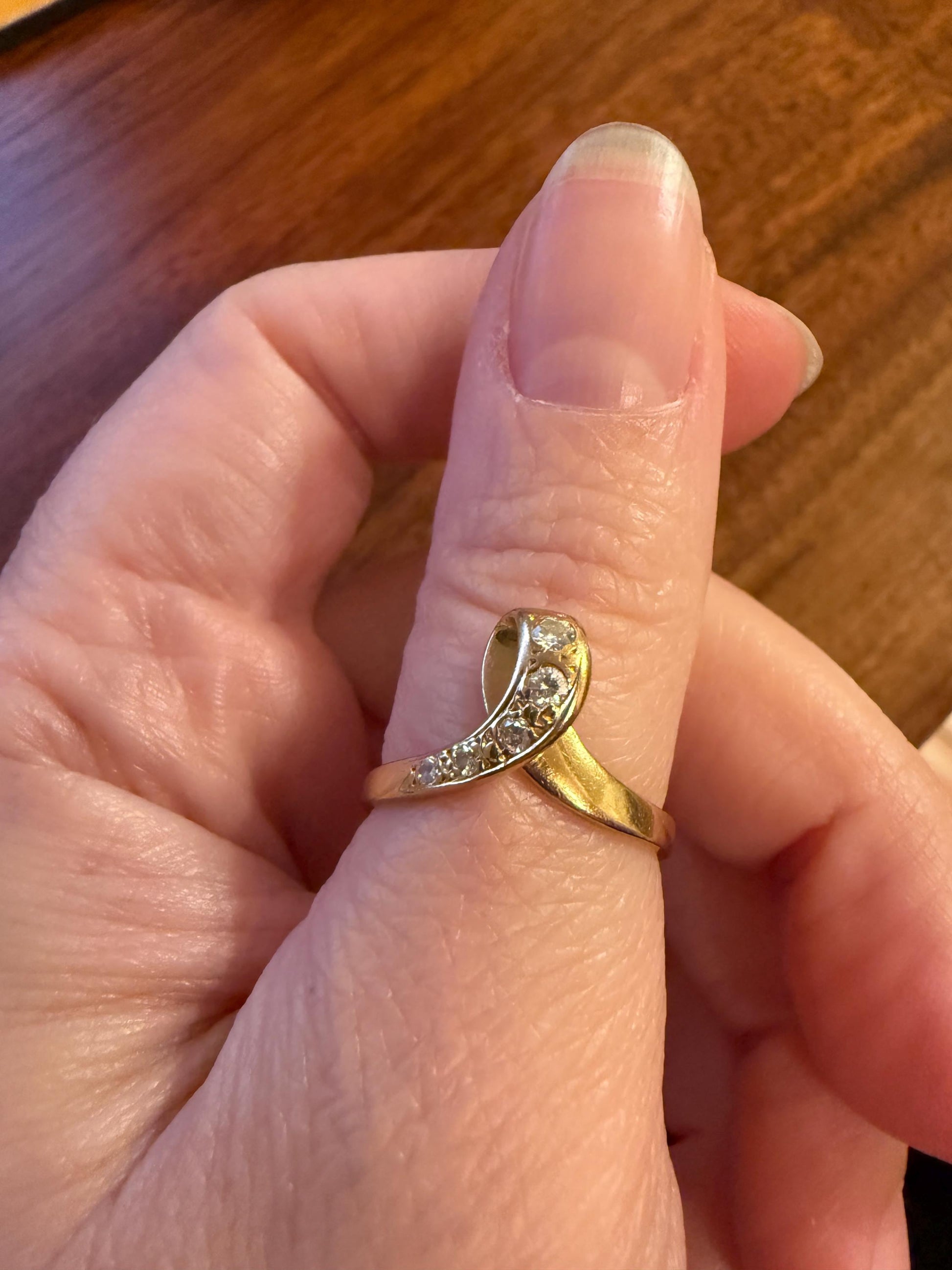 LOOP 3D French Vintage Curled Stacker Band Looped Ring 18k Gold Single Cut Diamonds Figural Tiara Chevron V Ring Retro