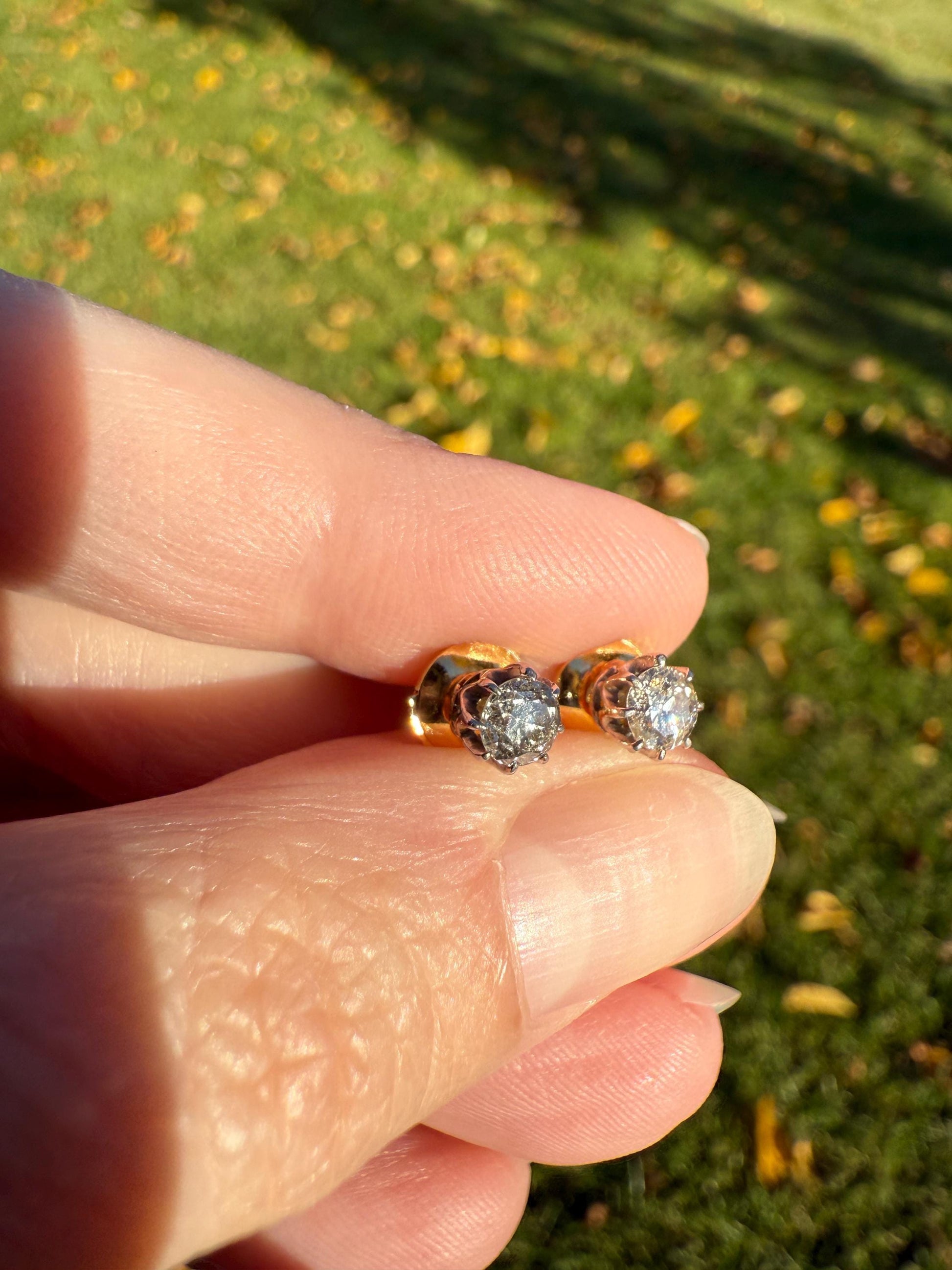 Vintage .7 Ctw Transitional Cut DIAMOND Buttercup Prong Stud Earrings French 18k Gold Platinum Romantic Gift Earstack Minimalist Alpa Back