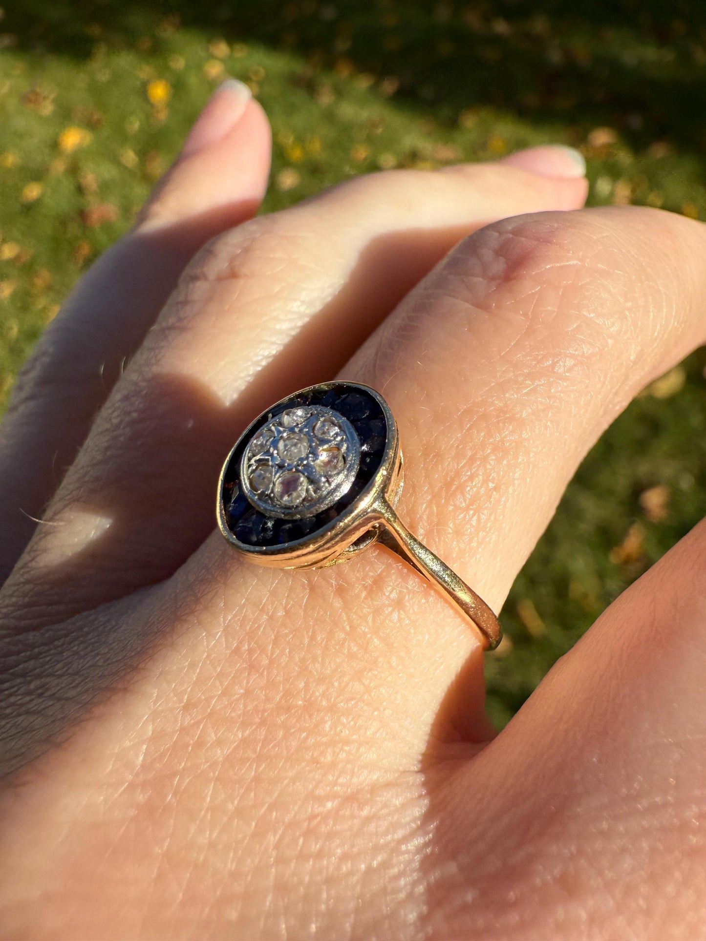 OVAL Rose Cut Diamond Carre Trapezoid Sapphire HALO Ring French Antique 18k Gold Edwardian Ornate Tall Stacker OmC Blue Channel Set