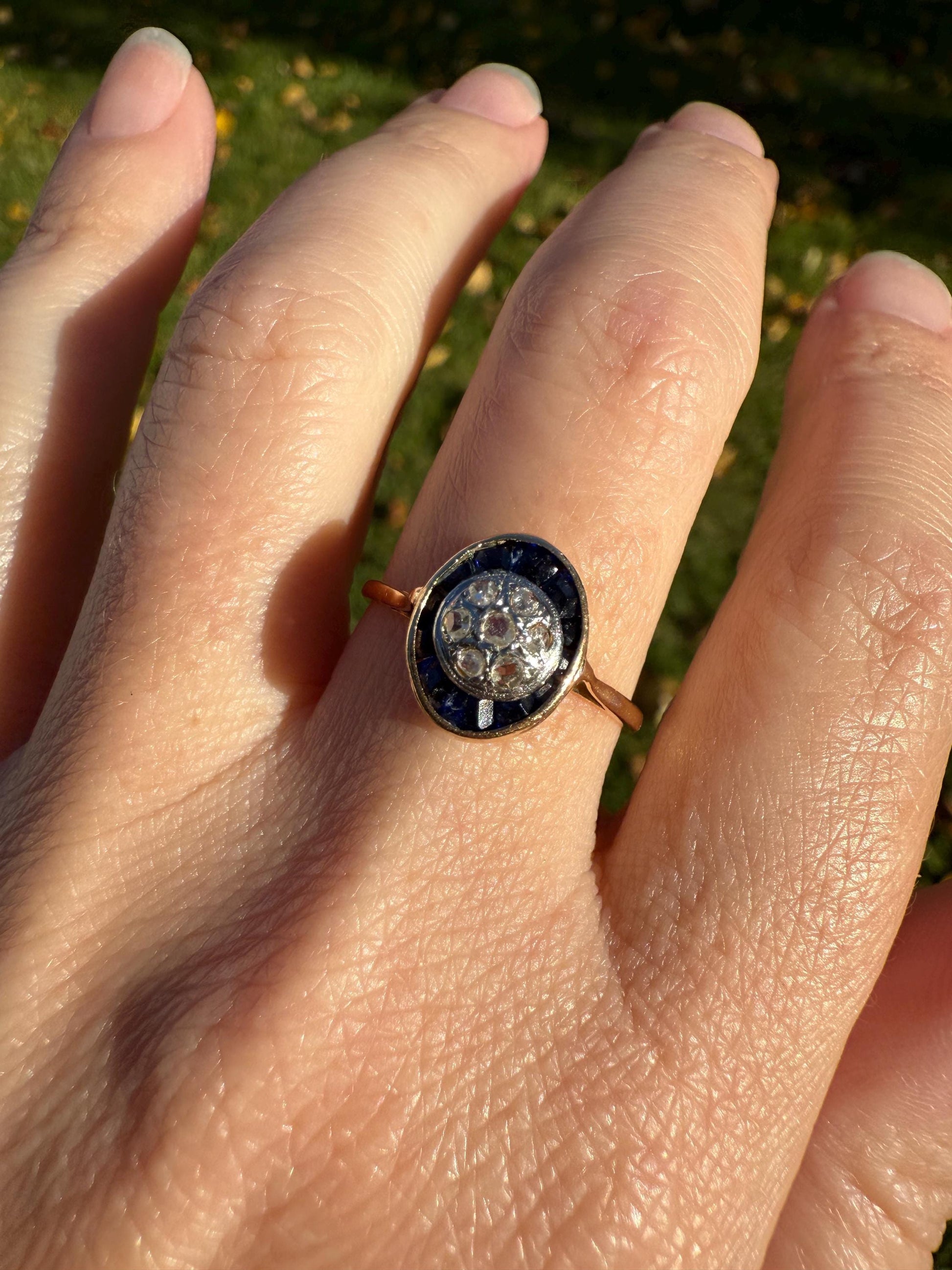 OVAL Rose Cut Diamond Carre Trapezoid Sapphire HALO Ring French Antique 18k Gold Edwardian Ornate Tall Stacker OmC Blue Channel Set