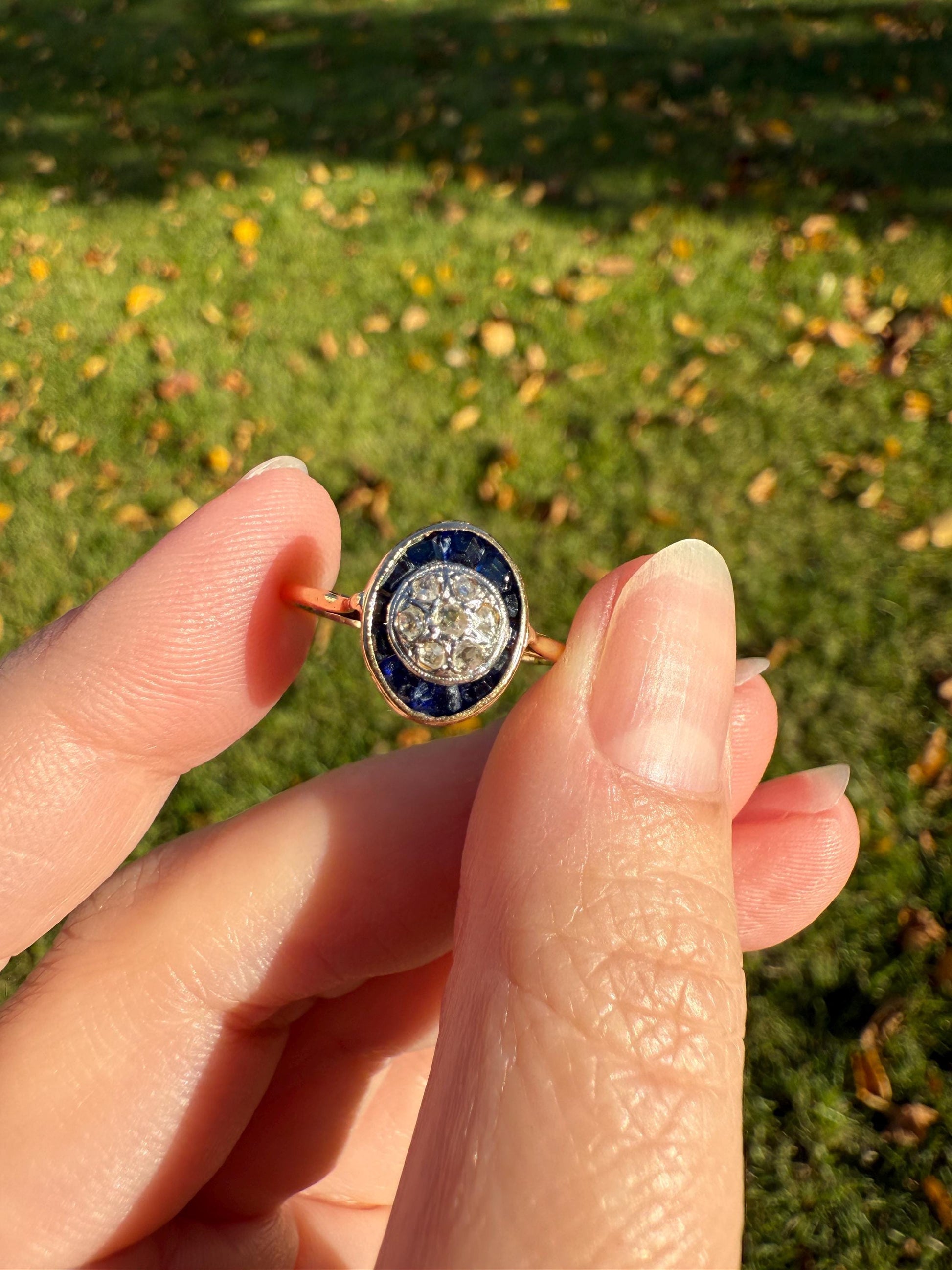 OVAL Rose Cut Diamond Carre Trapezoid Sapphire HALO Ring French Antique 18k Gold Edwardian Ornate Tall Stacker OmC Blue Channel Set