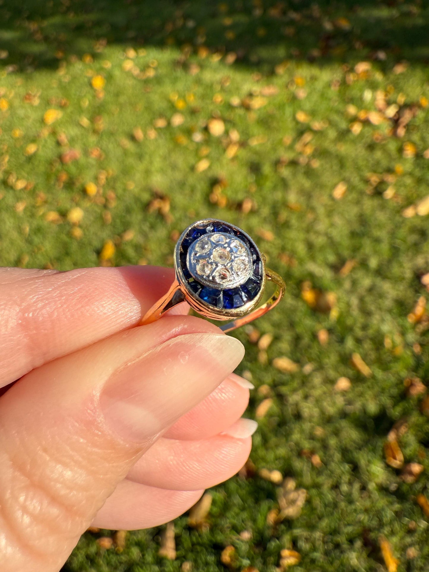 OVAL Rose Cut Diamond Carre Trapezoid Sapphire HALO Ring French Antique 18k Gold Edwardian Ornate Tall Stacker OmC Blue Channel Set