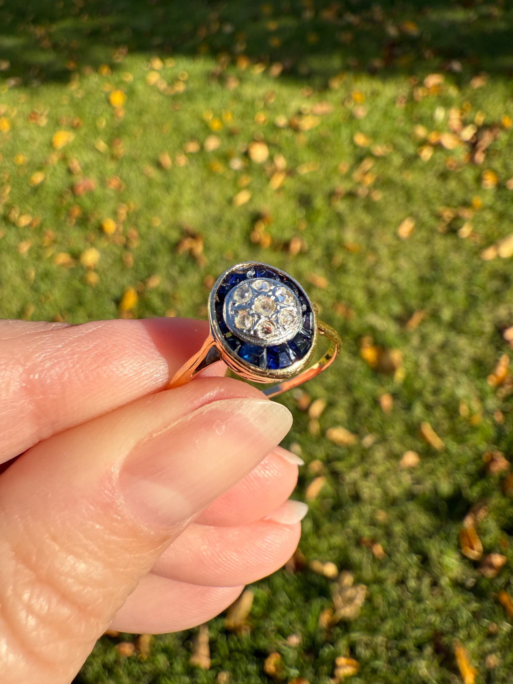 OVAL Rose Cut Diamond Carre Trapezoid Sapphire HALO Ring French Antique 18k Gold Edwardian Ornate Tall Stacker OmC Blue Channel Set