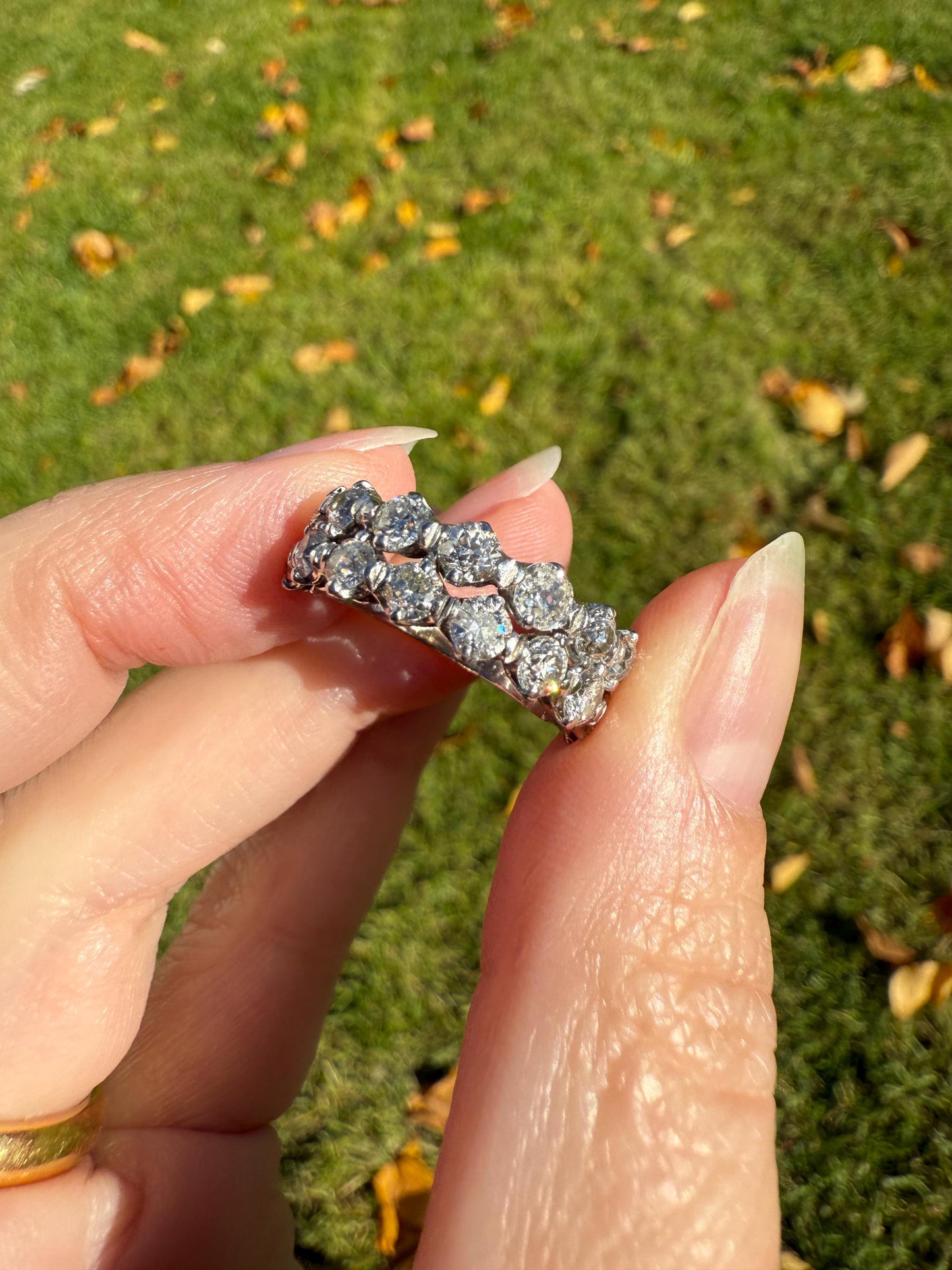 Vintage 2 1/4 CARATS Double Row Ring Old Mine European Cut Diamond Half Hoop Eternity Band 14k White Gold Wedding Stacker 2.25Ctw OMC