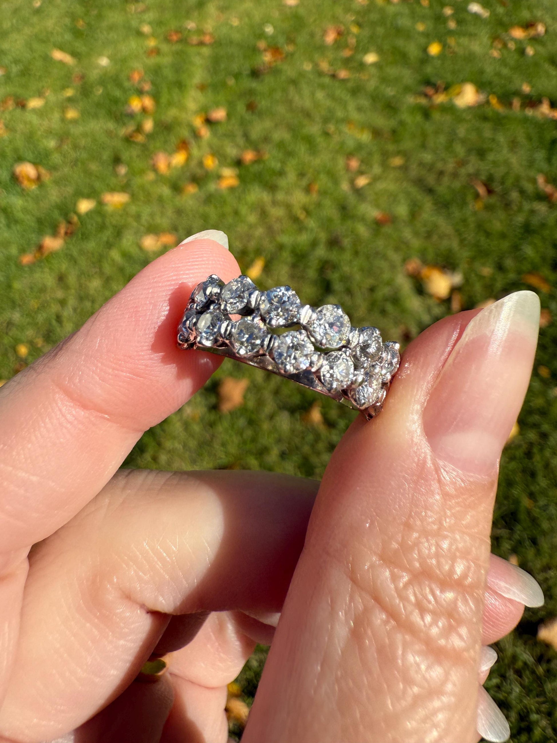 Vintage 2 1/4 CARATS Double Row Ring Old Mine European Cut Diamond Half Hoop Eternity Band 14k White Gold Wedding Stacker 2.25Ctw OMC