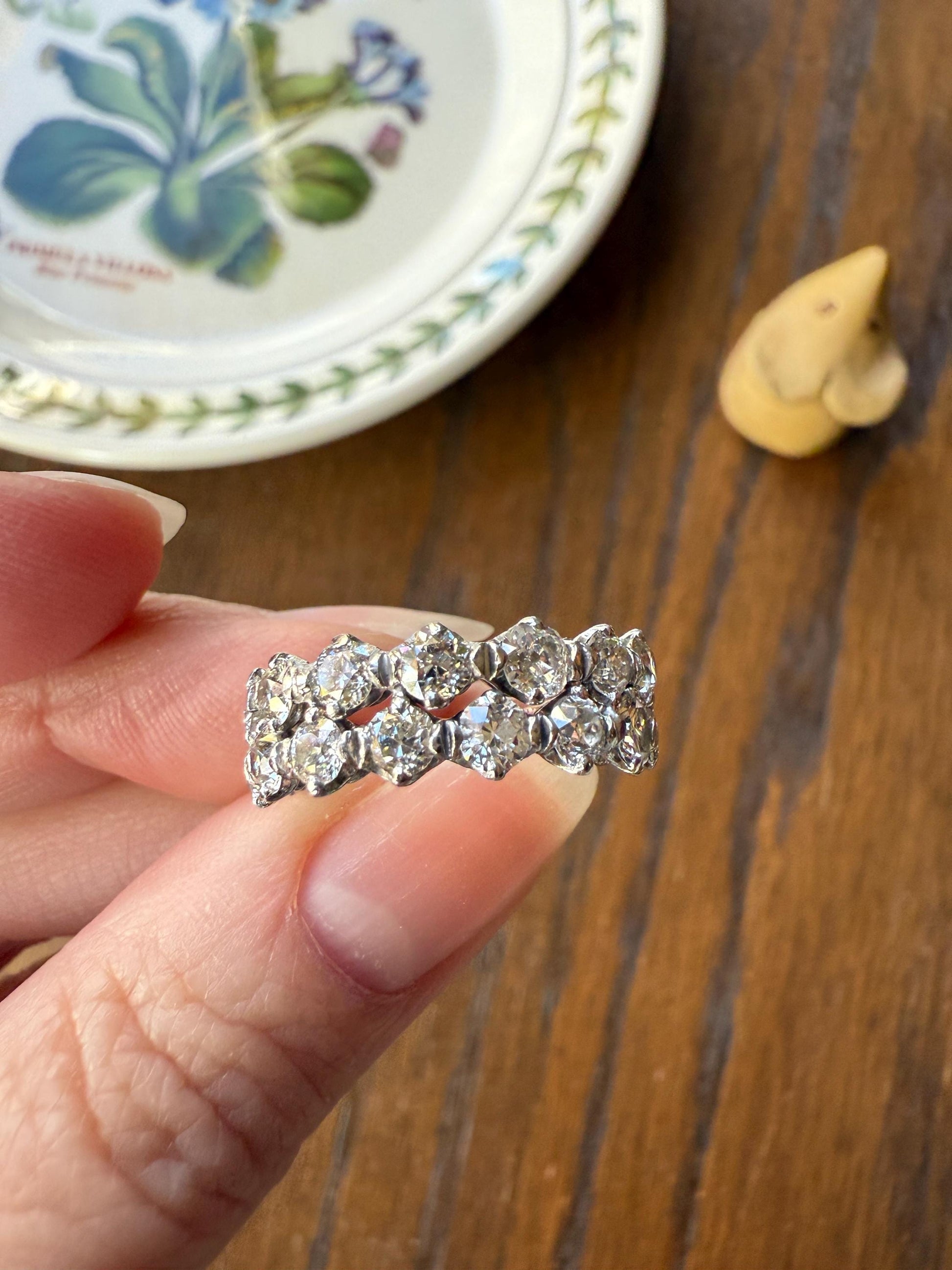 Vintage 2 1/4 CARATS Double Row Ring Old Mine European Cut Diamond Half Hoop Eternity Band 14k White Gold Wedding Stacker 2.25Ctw OMC