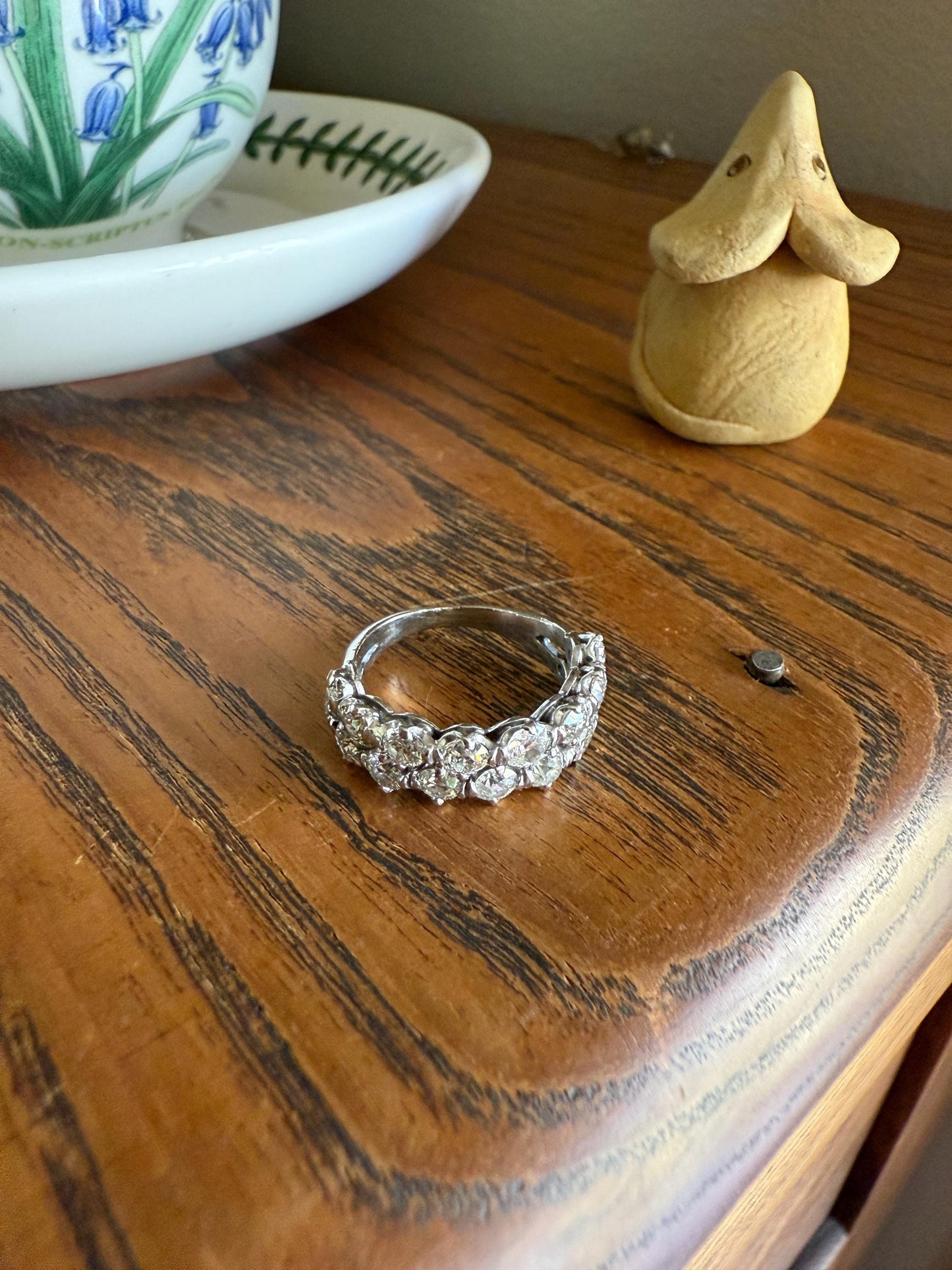 Vintage 2 1/4 CARATS Double Row Ring Old Mine European Cut Diamond Half Hoop Eternity Band 14k White Gold Wedding Stacker 2.25Ctw OMC