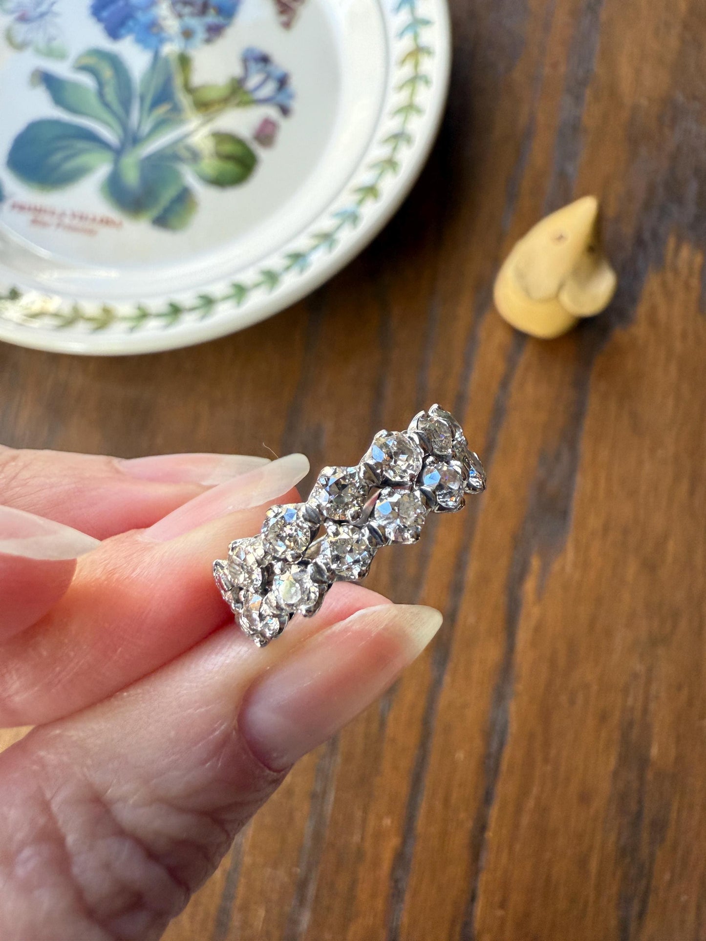 Vintage 2 1/4 CARATS Double Row Ring Old Mine European Cut Diamond Half Hoop Eternity Band 14k White Gold Wedding Stacker 2.25Ctw OMC