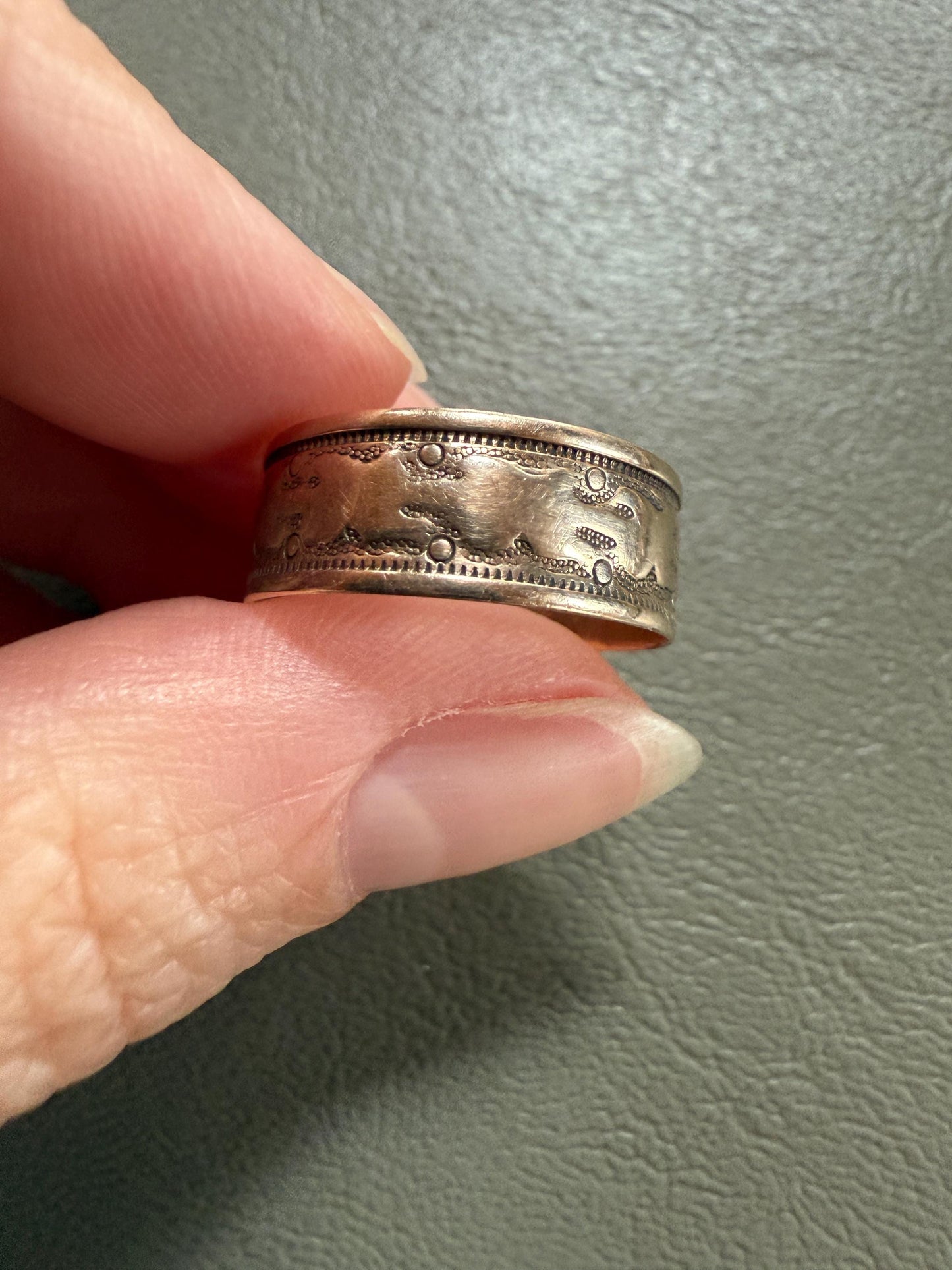 Patterned Victorian Wedding Ring 6.9mm Wide Cigar Band Antique 10k Gold Solid Rosy Eternity Stacker Romantic Gift Geometric