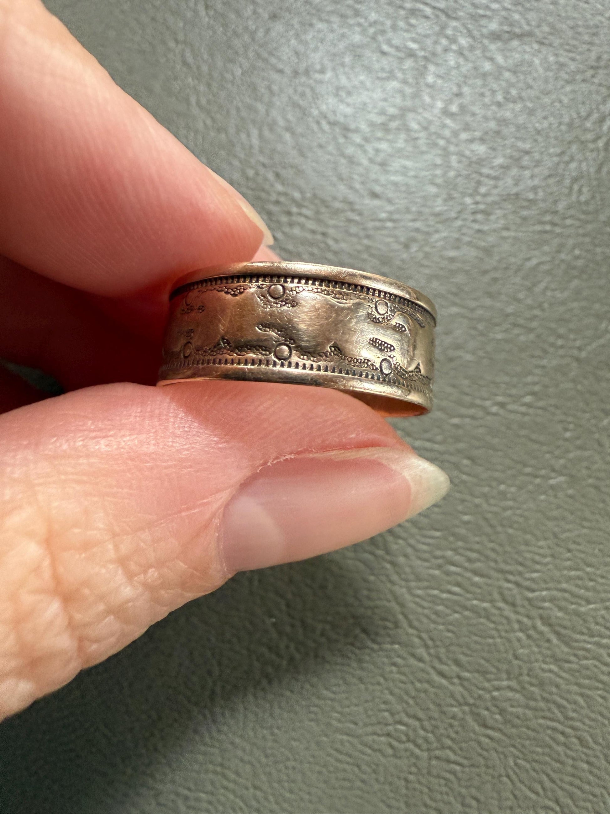 Patterned Victorian Wedding Ring 6.9mm Wide Cigar Band Antique 10k Gold Solid Rosy Eternity Stacker Romantic Gift Geometric