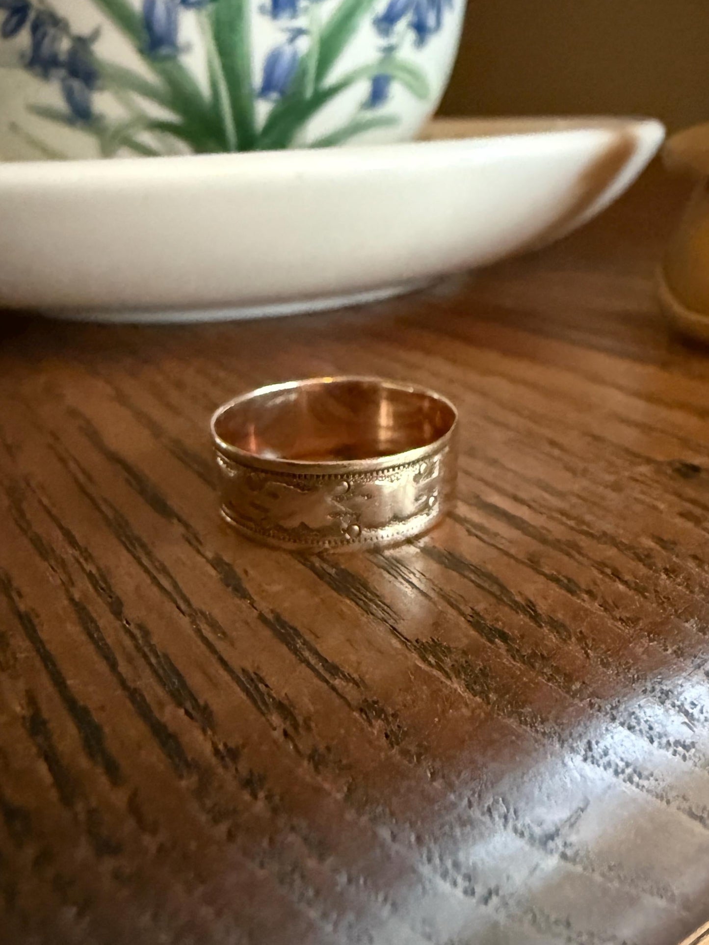 Patterned Victorian Wedding Ring 6.9mm Wide Cigar Band Antique 10k Gold Solid Rosy Eternity Stacker Romantic Gift Geometric