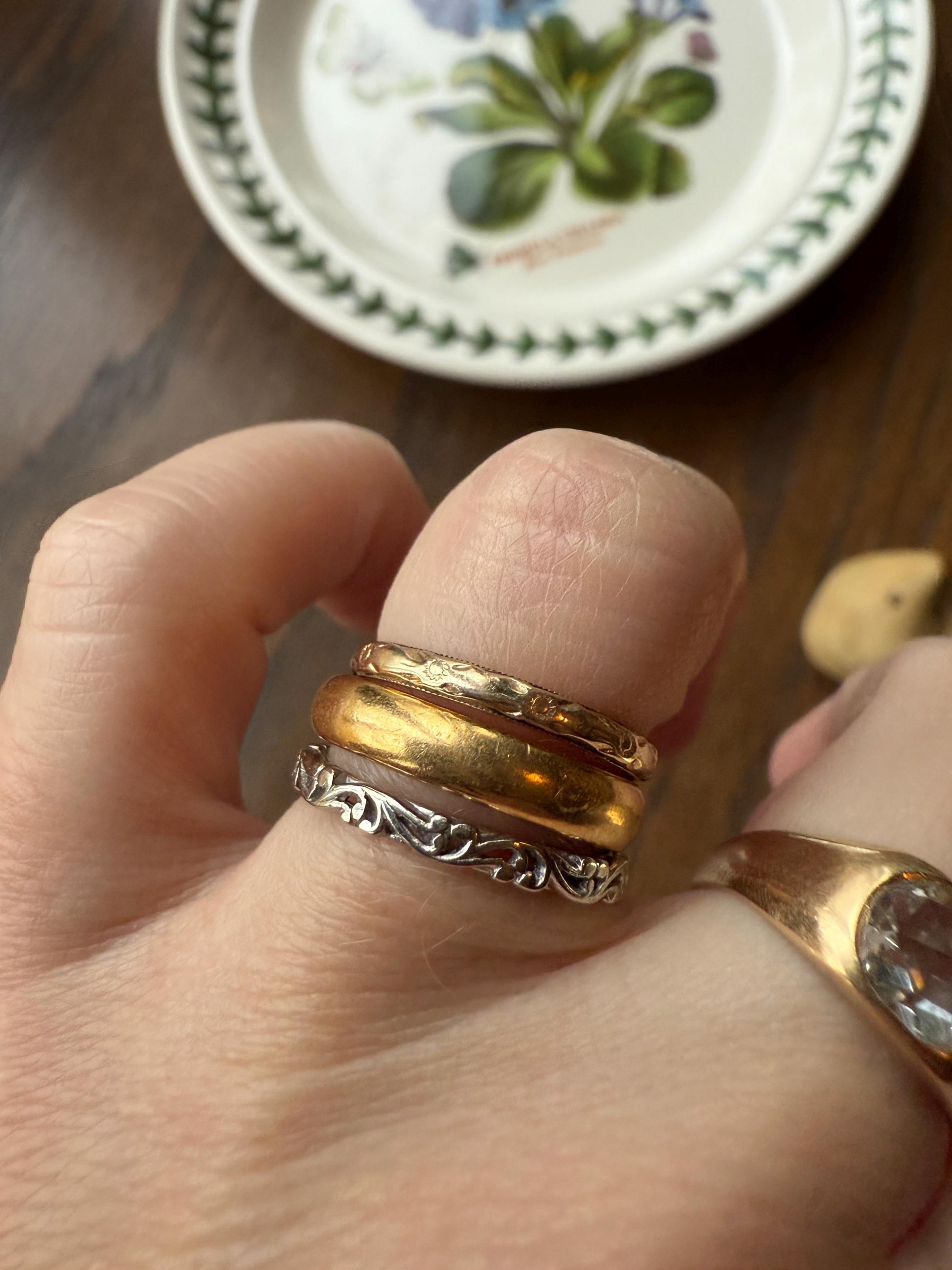 ORANGE BLOSSOM Floral Embossed Antique 14k Gold Solid Eternity Stacker Skinny Wedding Band Romantic Gift Geometric Forget Me Not Flowers