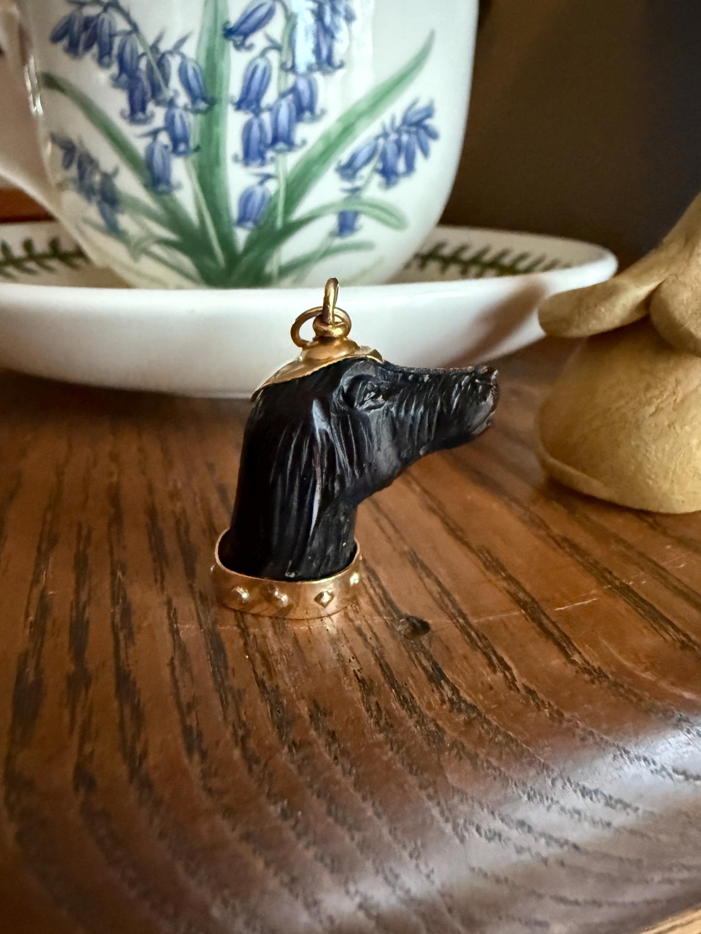 XL Victorian ANTIQUE Black Gutta Percha? 3D DOG Head Carved 18k Gold Ball Rivet Collar Figural Hunting Loyalty Hound Charm Pendant Fob