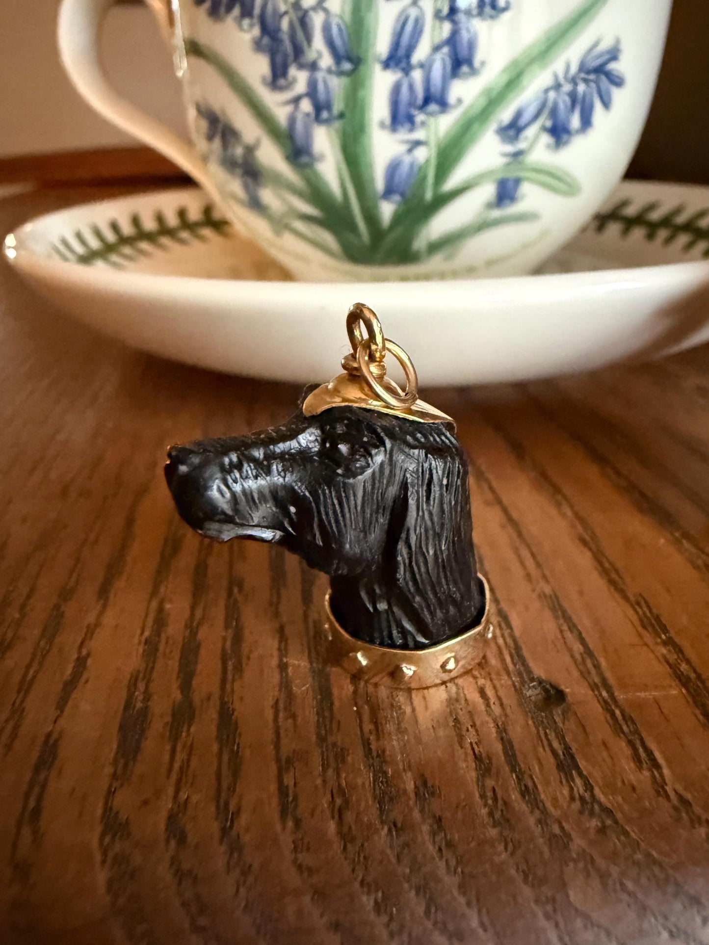 XL Victorian ANTIQUE Black Gutta Percha? 3D DOG Head Carved 18k Gold Ball Rivet Collar Figural Hunting Loyalty Hound Charm Pendant Fob
