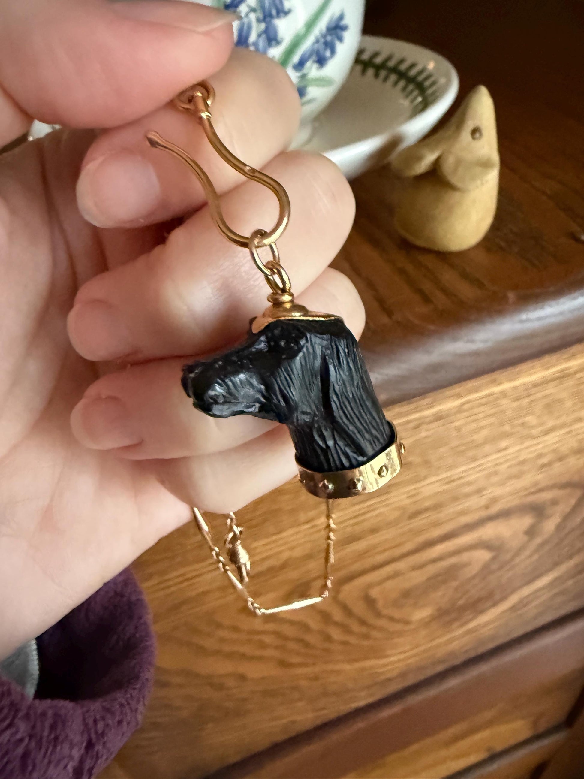 XL Victorian ANTIQUE Black Gutta Percha? 3D DOG Head Carved 18k Gold Ball Rivet Collar Figural Hunting Loyalty Hound Charm Pendant Fob